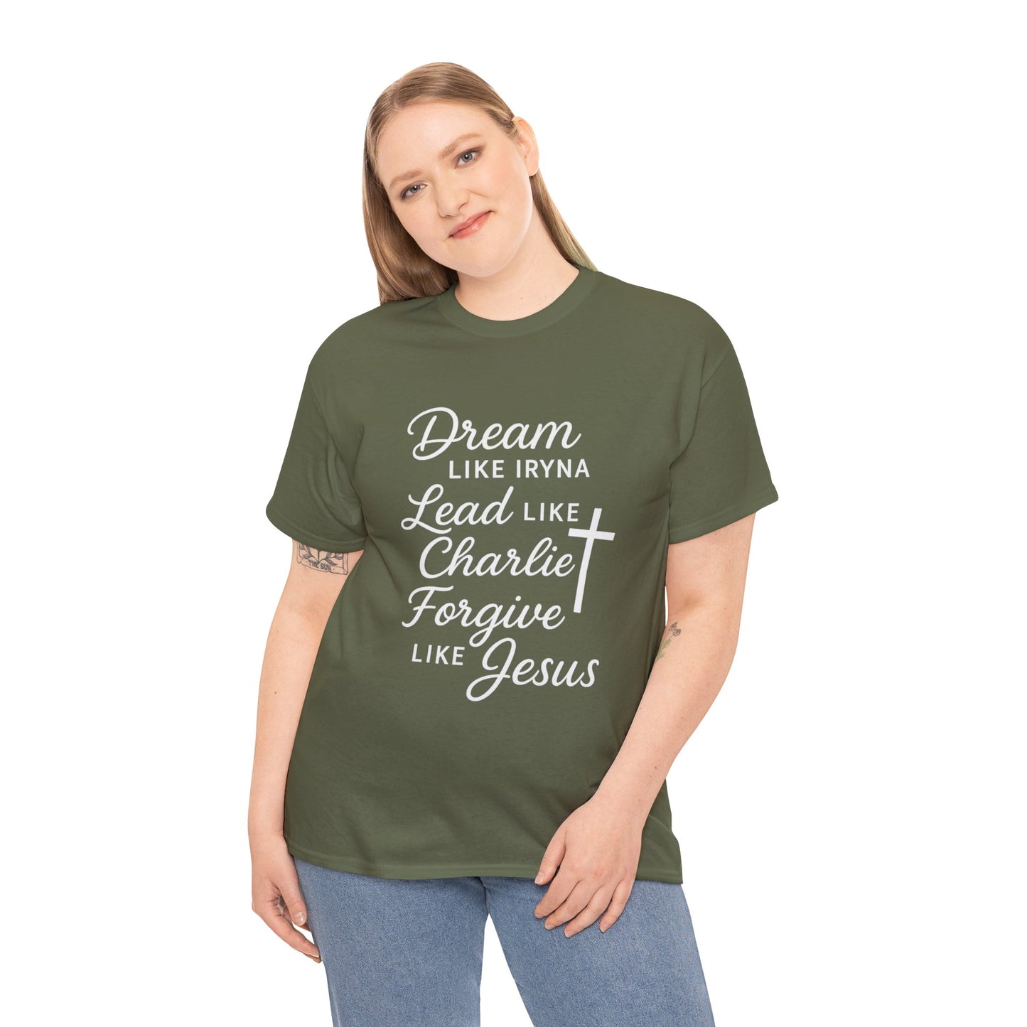 Dream, Lead, Forgive Women's Relaxed Heavy Cotton Tshirt (White Logo)