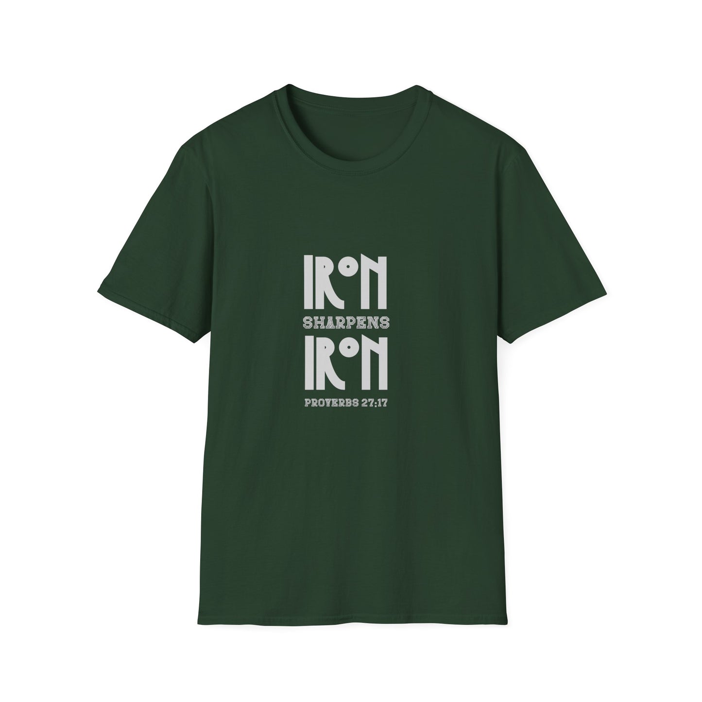"Iron Sharpens Iron" Bible Verse Christian Inspirational Softstyle Tshirt (Gray Logo)