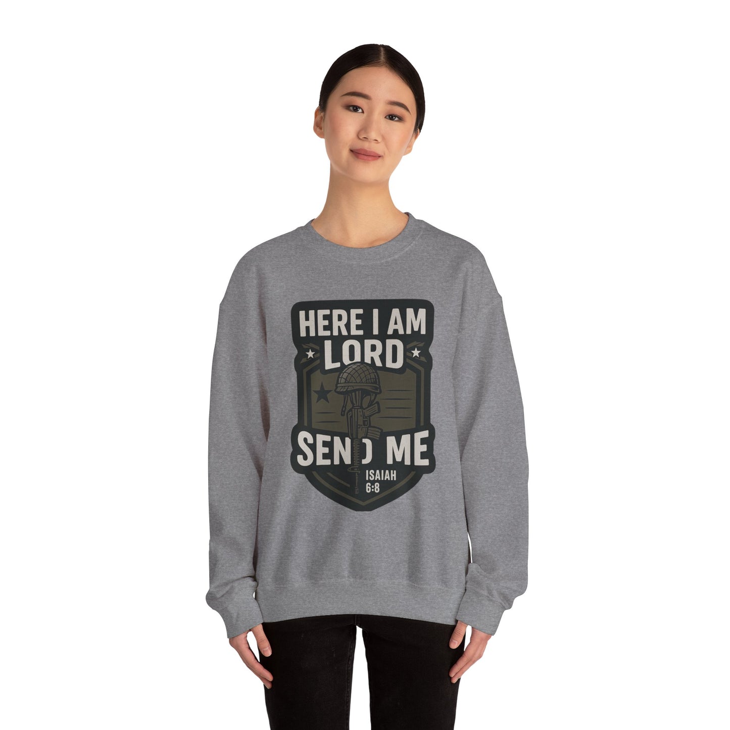"Here I Am Lord Send Me" Bible Verse Inspirational Faith Sweatshirt (Military Logo)