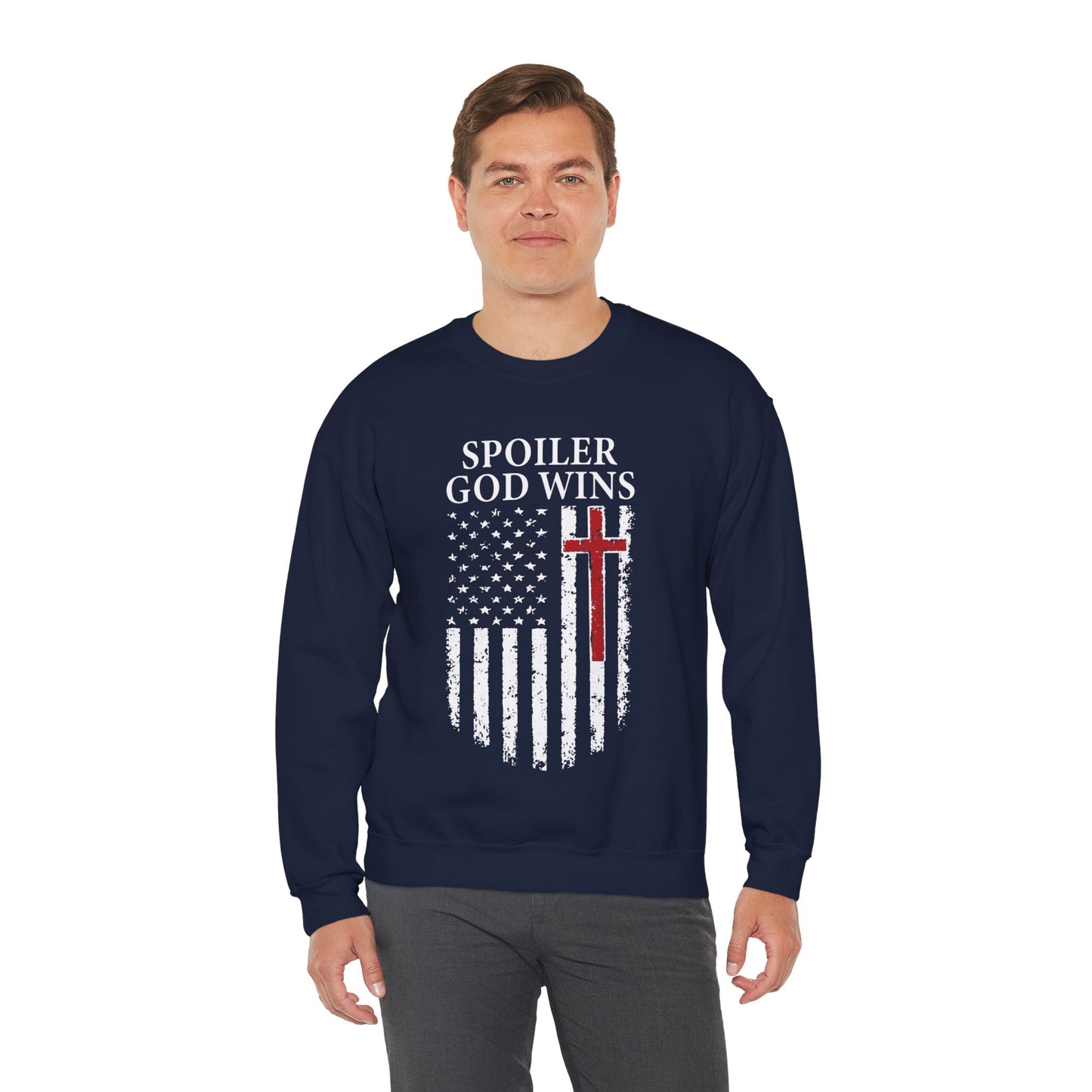 "Spoiler God Wins" Christian Unisex Cozy Sweatshirt