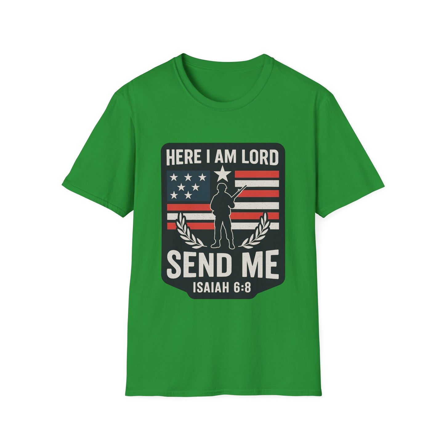"Here I Am Lord" Isaiah 6:8 Bible Verse Christian Tshirt (Soldier Logo)