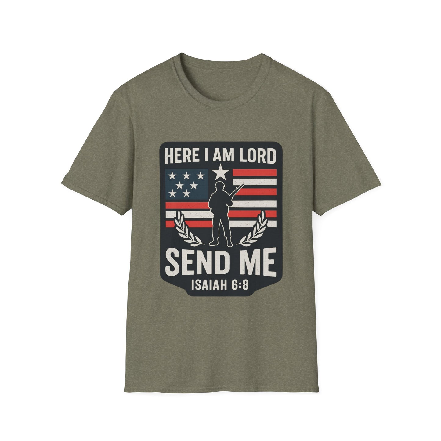 "Here I Am Lord" Isaiah 6:8 Bible Verse Christian Tshirt (Soldier Logo)