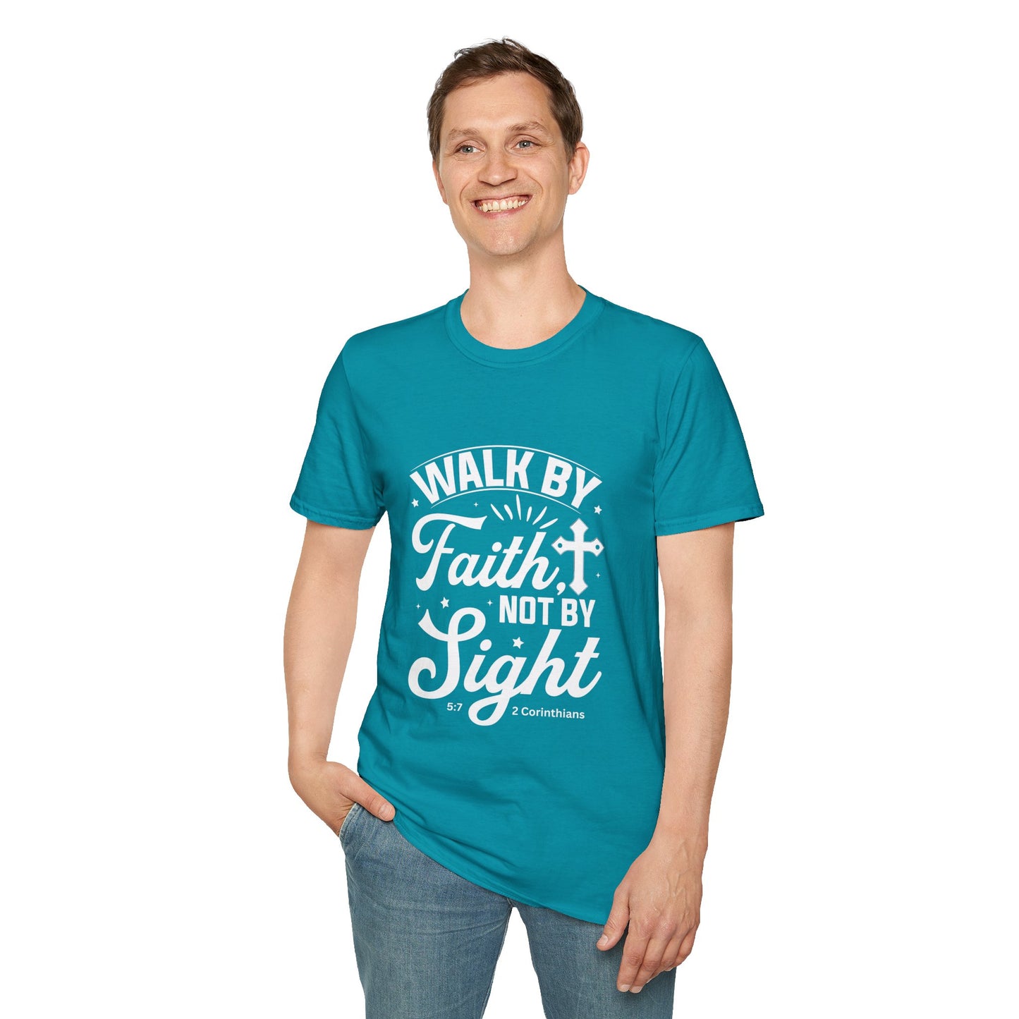 Walk by Faith 2 Corinth. 5:7 Bible Verse Christian Softstyle Tshirt (White Logo)