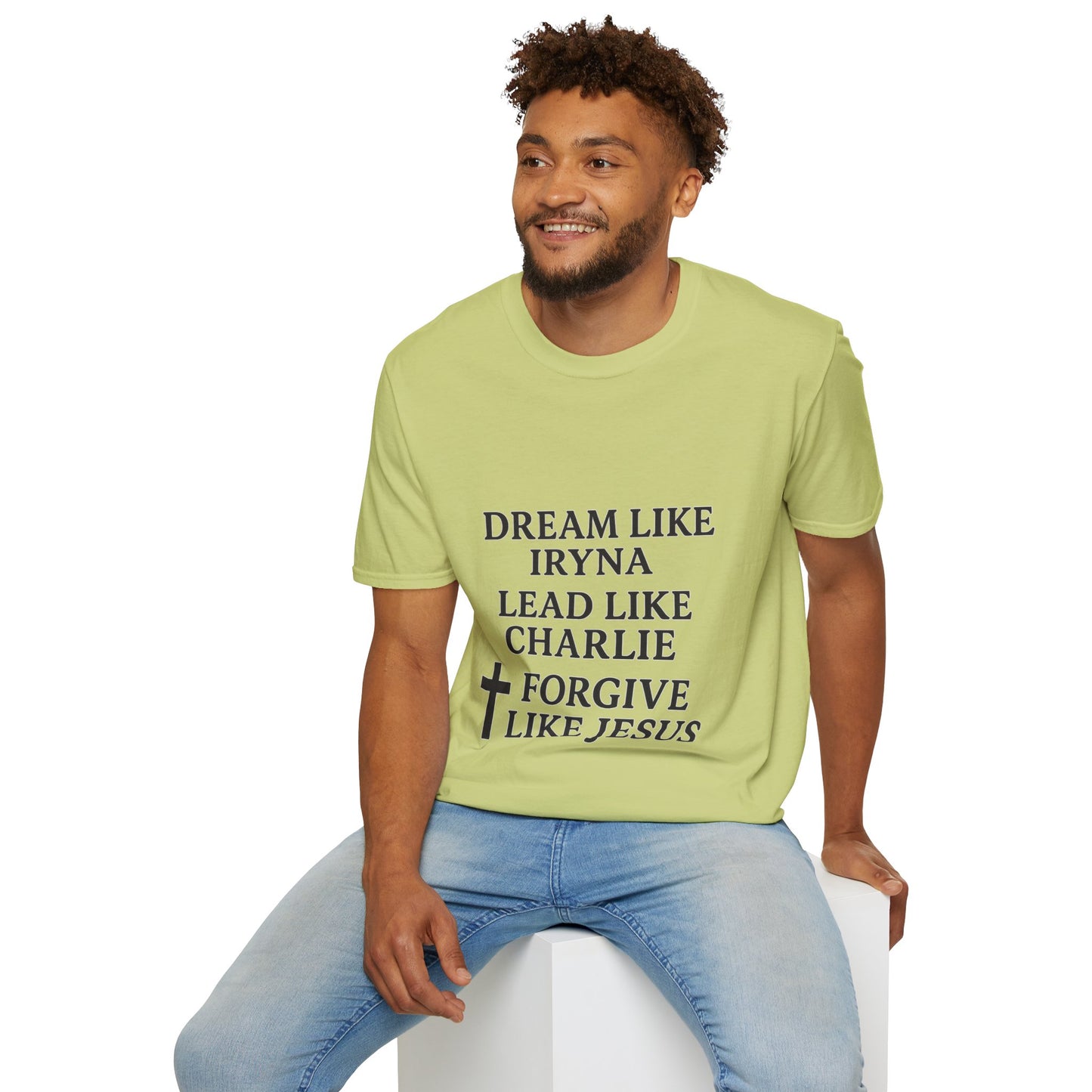 Dream, Lead, Forgive Men's Unisex Softstyle Tshirt (Black Logo)