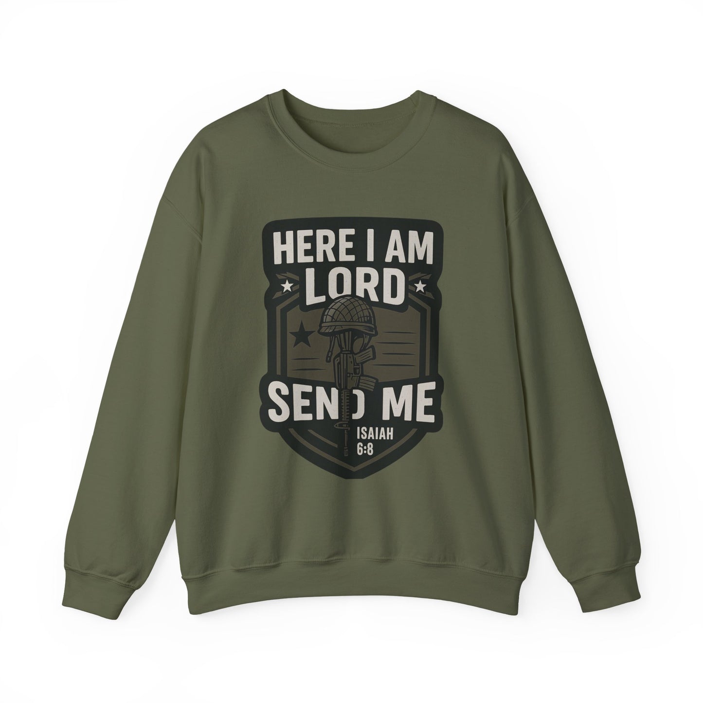 "Here I Am Lord Send Me" Bible Verse Inspirational Faith Sweatshirt (Military Logo)