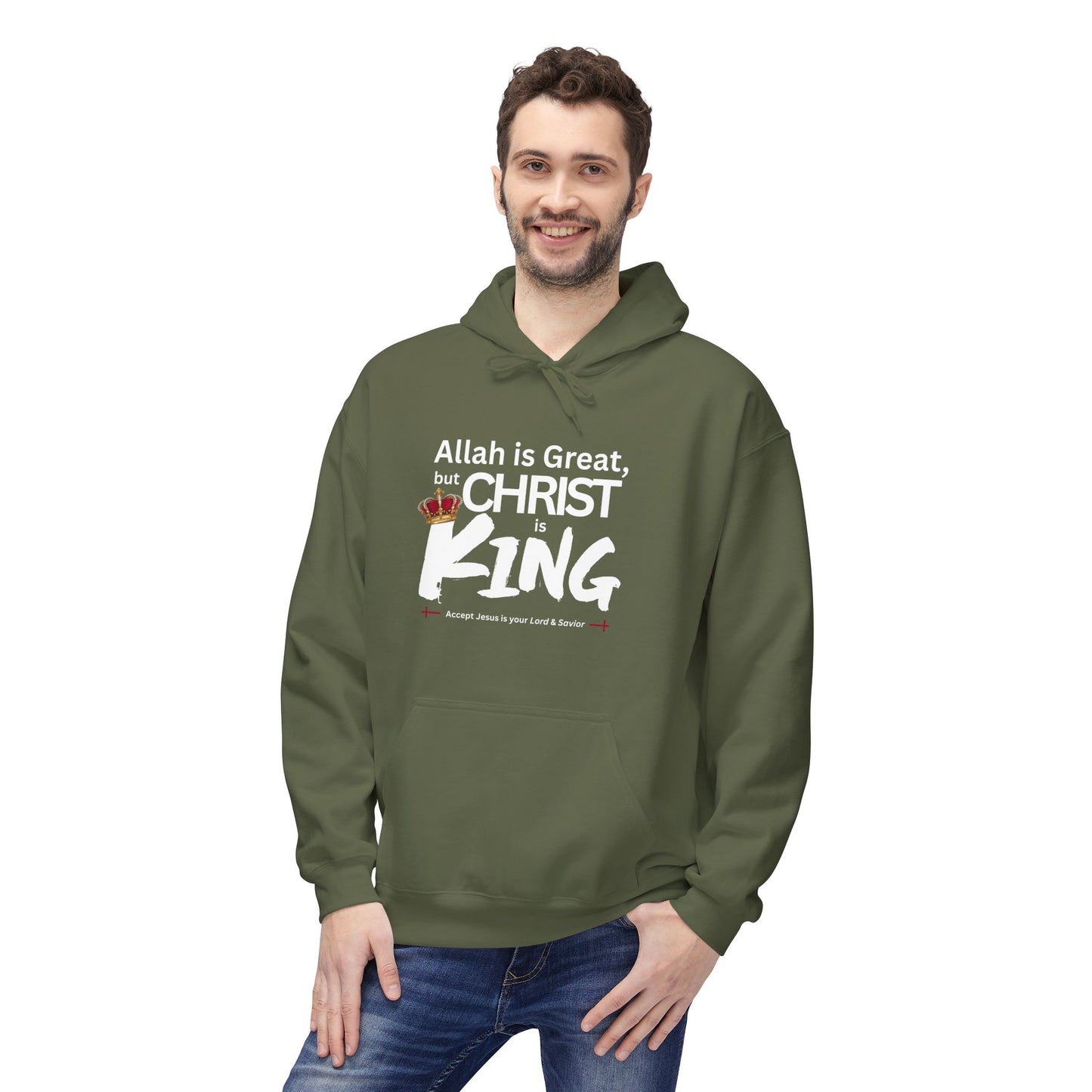"Christ is King" Cozy Unisex Fleece Hoodie (Great Logo - White) - Sweet Baby Jeez Teez