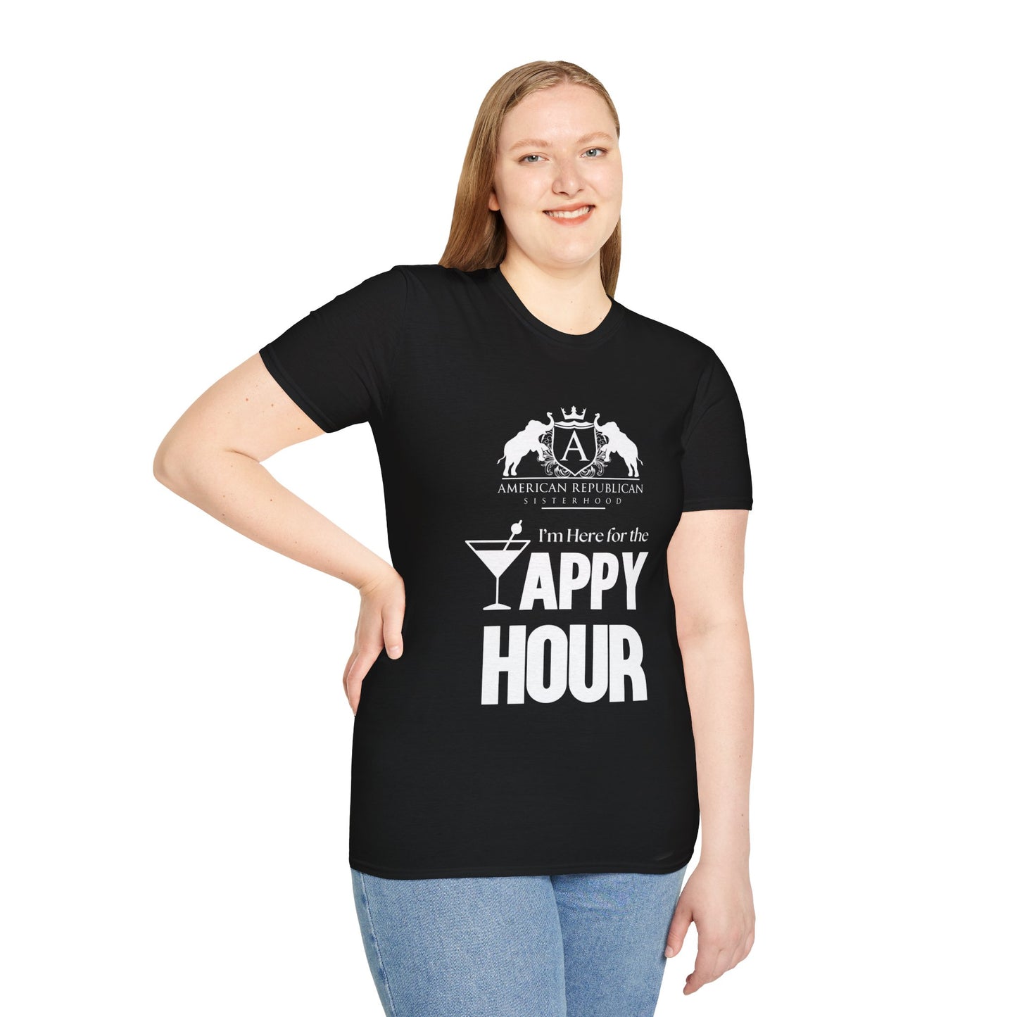 Here for the Yappy Hour Women's Unisex/Relaxed Tshirt (ARS-White Logo) - Sweet Baby Jeez Teez