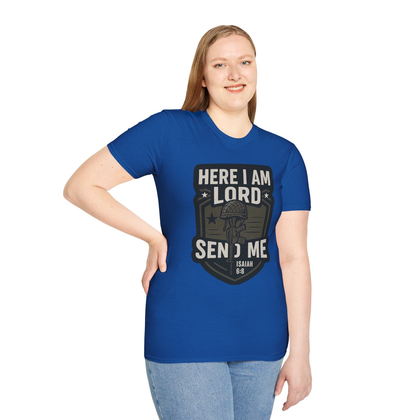 "Here I Am Lord Send Me" Bible Verse Inspirational Faith T-Shirt (Military Logo)