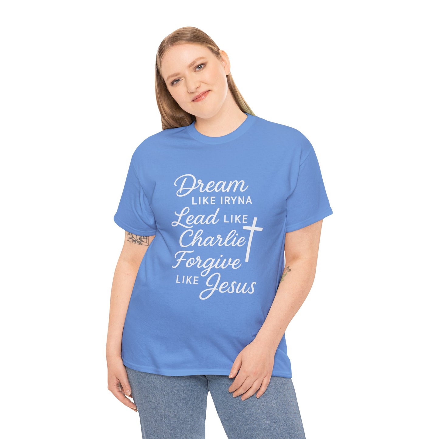 Dream, Lead, Forgive Women's Relaxed Heavy Cotton Tshirt (White Logo)