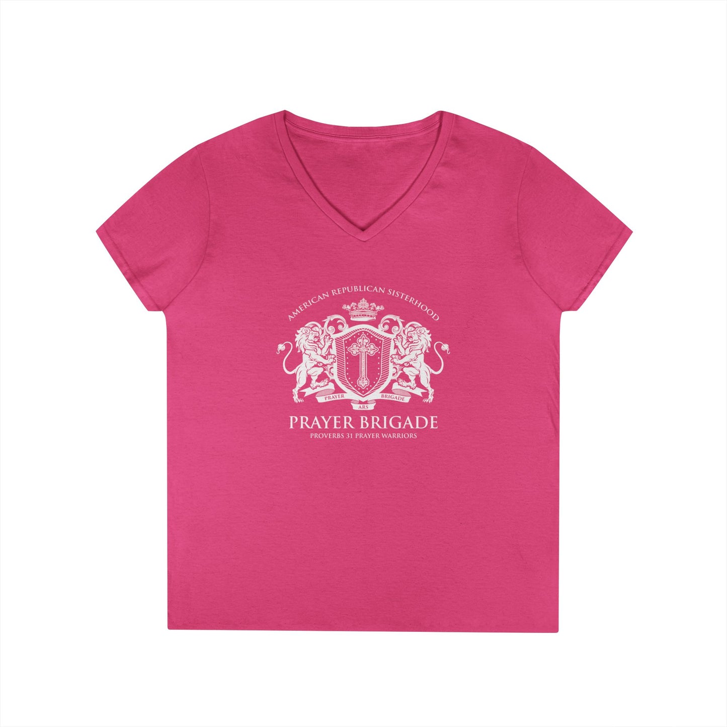 ARS Prayer Brigade Ladies' V-Neck T-Shirt (Red with White Logo)