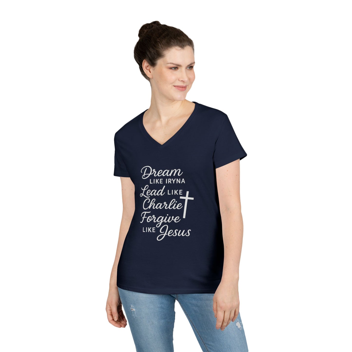Dream, Lead, Forgive Women's V-neck Semi-fitted Tshirt (White Logo)