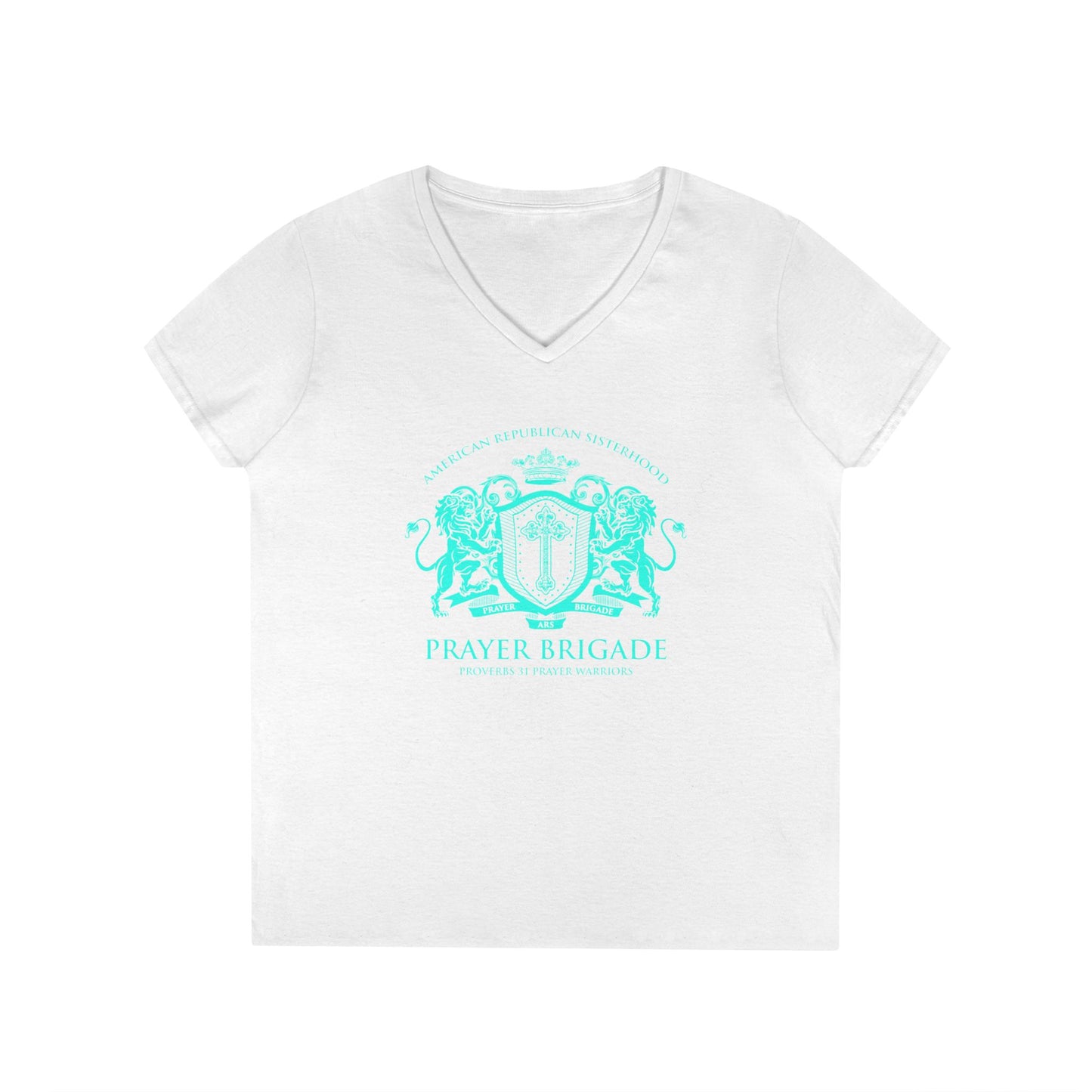ARS Prayer Brigade Ladies' V-Neck T-Shirt (Purple with Aqua Logo)