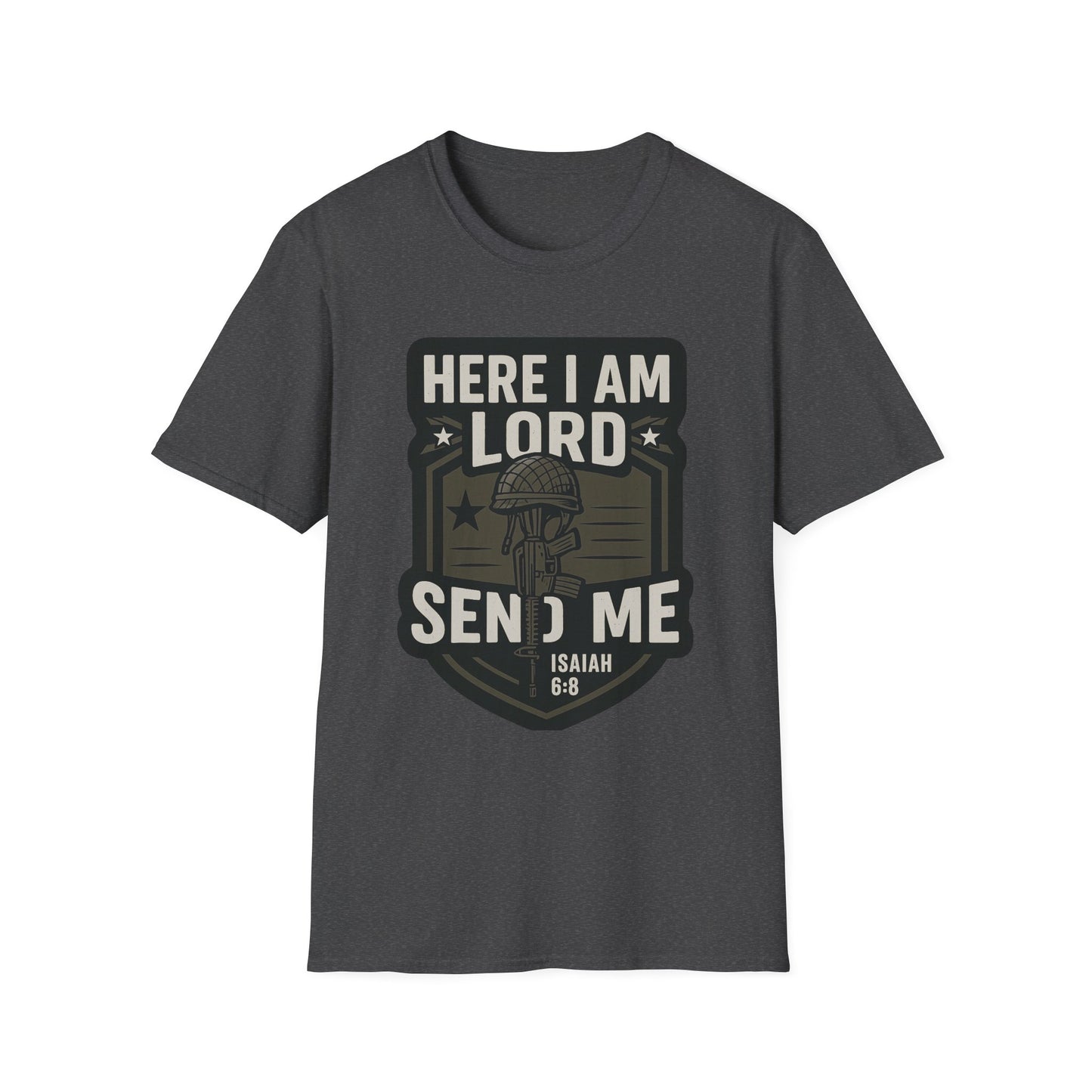 "Here I Am Lord Send Me" Bible Verse Inspirational Faith T-Shirt (Military Logo)