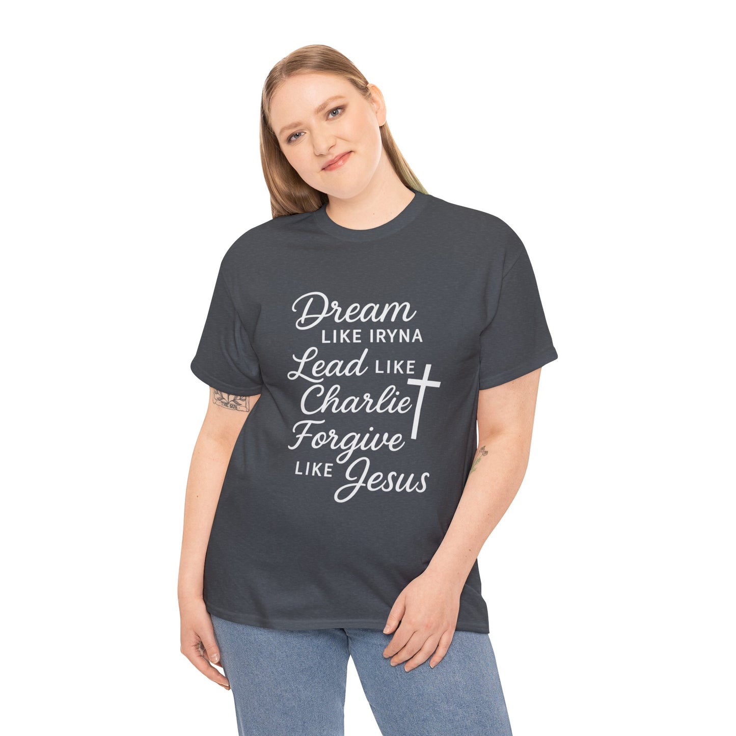 Dream, Lead, Forgive Women's Relaxed Heavy Cotton Tshirt (White Logo)