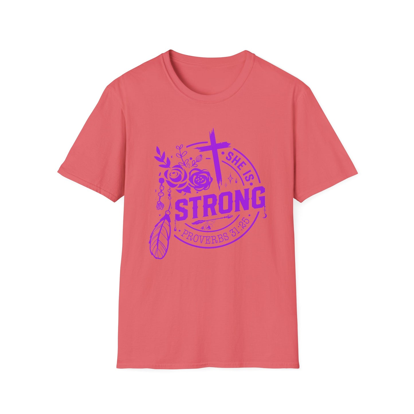"She is Strong" Proverbs 31:25 Bible Verse Relaxed Tshirt (Hot Pink Logo)