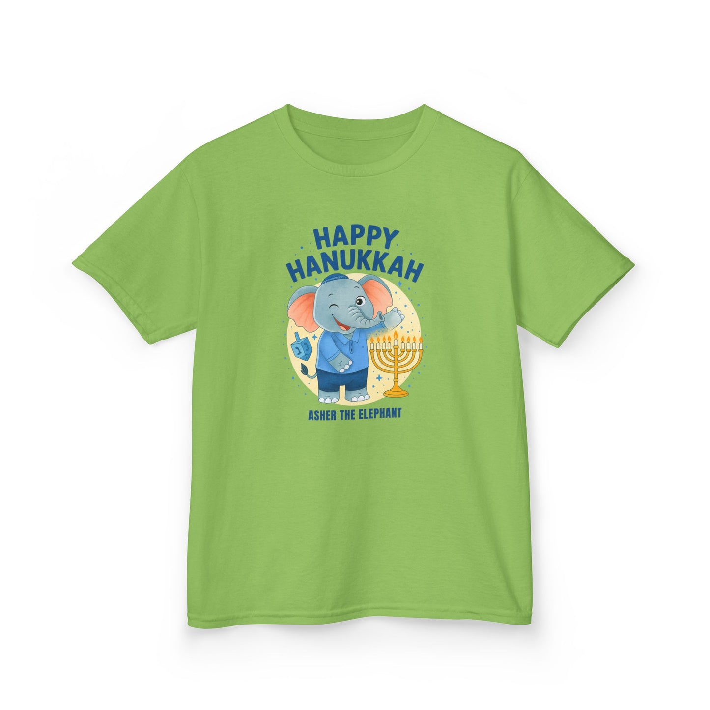 Happy Hanukkah Asher the Elephant Kids Tshirt (Wink Logo)