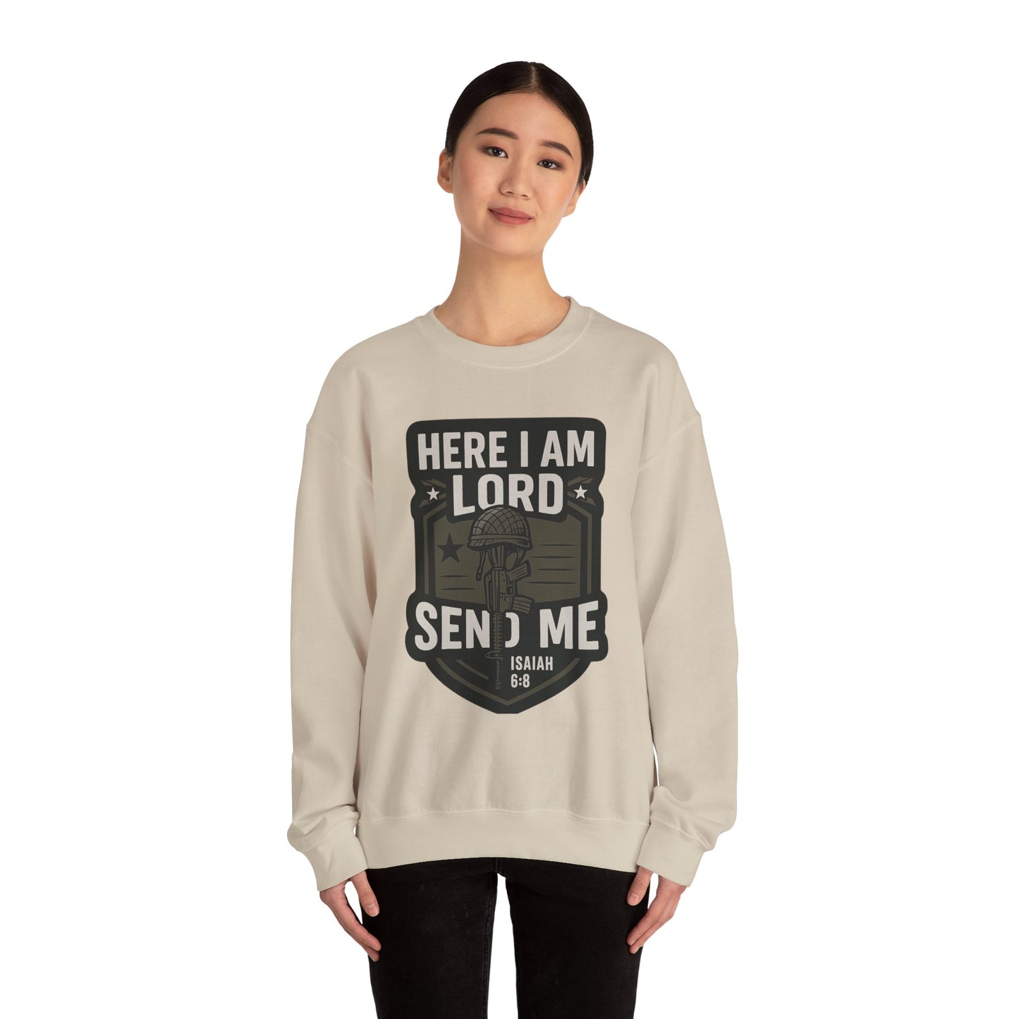 "Here I Am Lord Send Me" Bible Verse Inspirational Faith Sweatshirt (Military Logo)