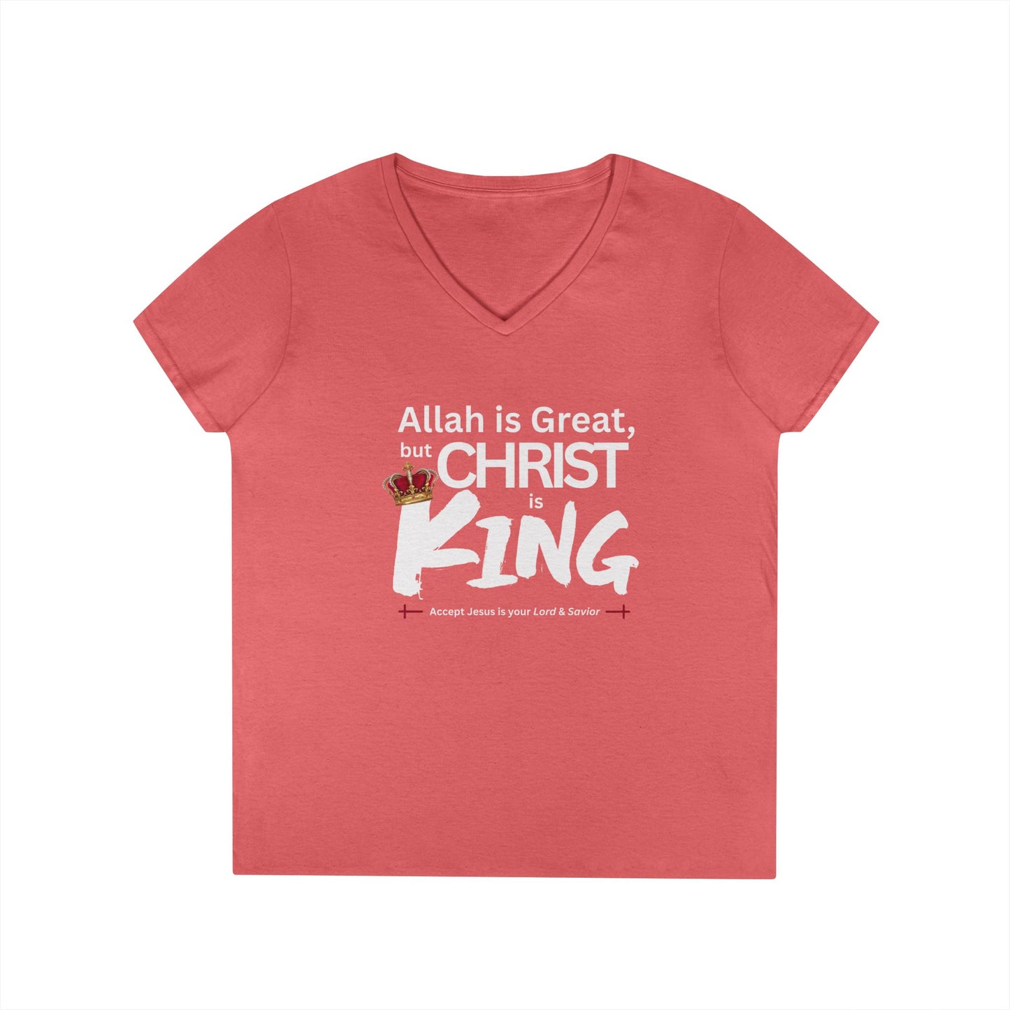 "Christ is King" Women's V-Neck Tshirt (Great Logo - White) - Sweet Baby Jeez Teez