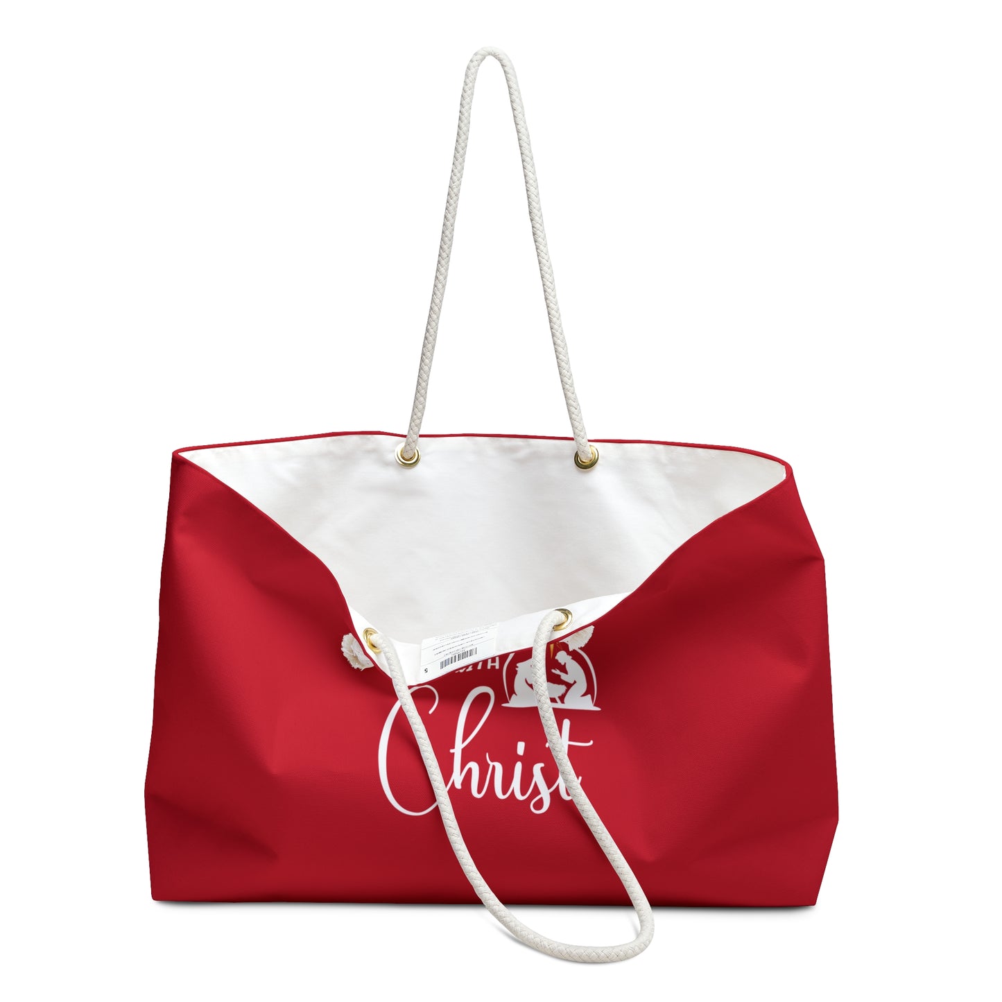 Christmas Begins with Christ Red Weekender Bag (White/Gold Logo) - Sweet Baby Jeez Teez