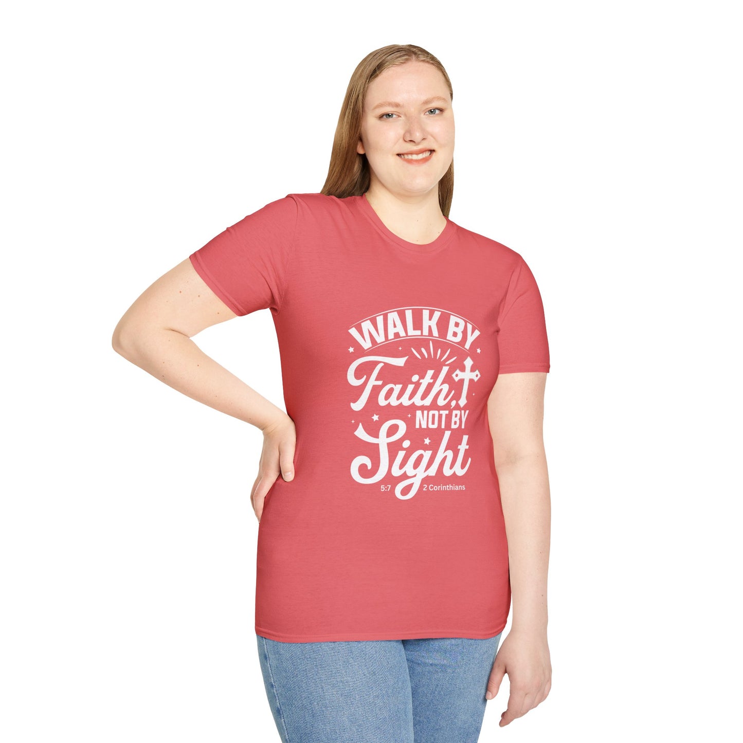 Walk by Faith 2 Corinth. 5:7 Bible Verse Christian Softstyle Tshirt (White Logo)