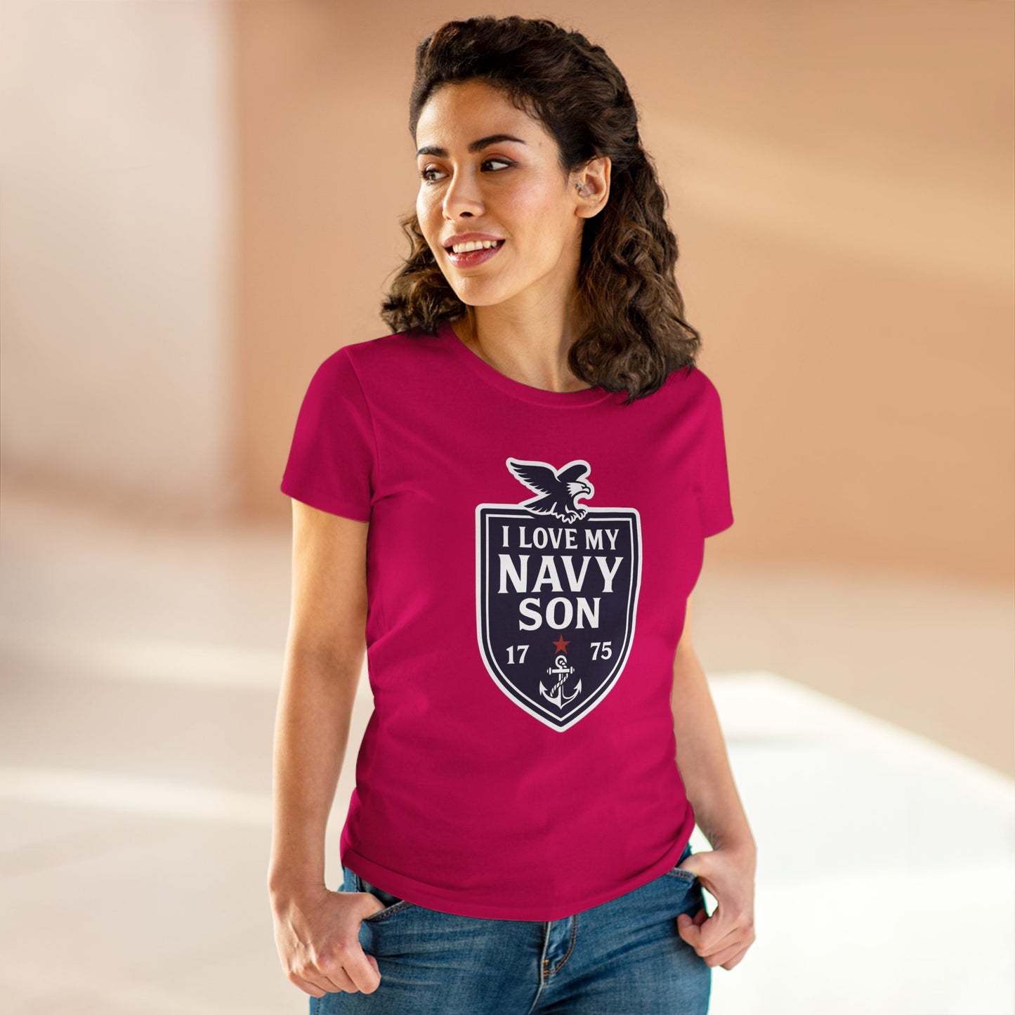 "I Love my Navy Son" Military Pride Patriotic Crest Women's Semi-Fitted Tshirt