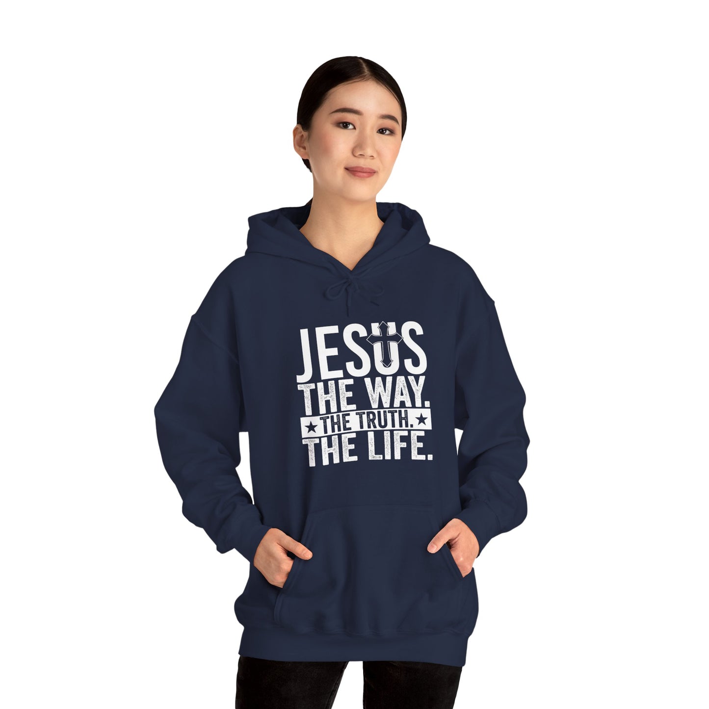 "Jesus The Way, The Truth, The Life" Heavy Fleece Unisex Hoodie (White Logo)