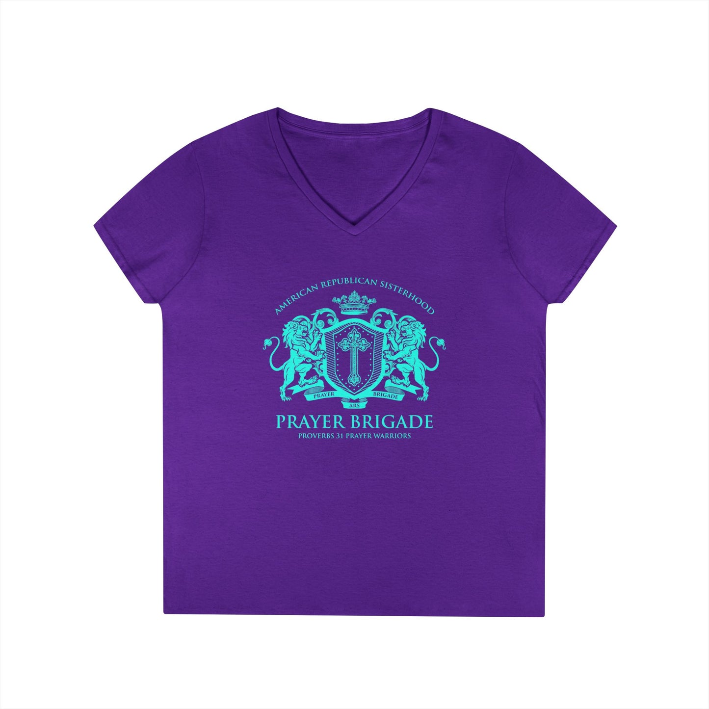 ARS Prayer Brigade Ladies' V-Neck T-Shirt (Purple with Aqua Logo)