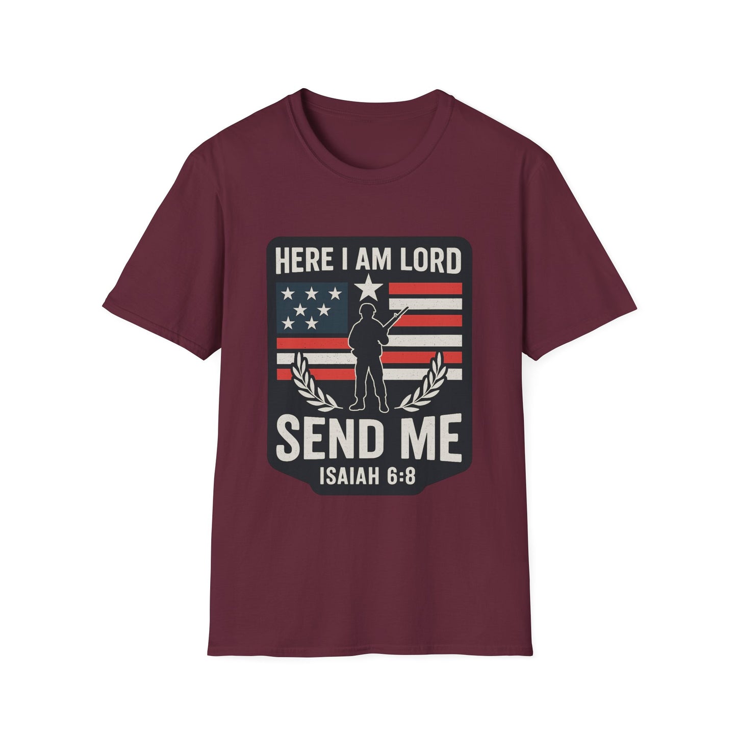"Here I Am Lord" Isaiah 6:8 Bible Verse Christian Tshirt (Soldier Logo)