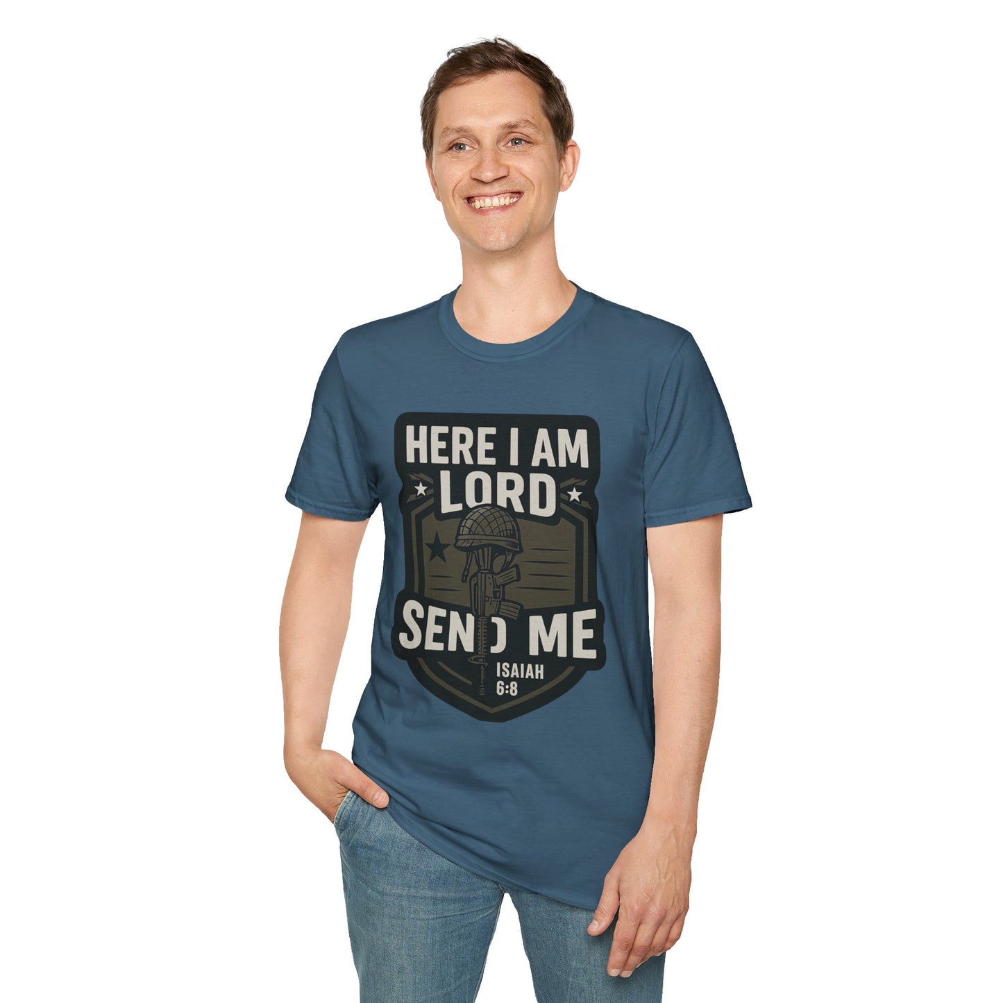 "Here I Am Lord Send Me" Bible Verse Inspirational Faith T-Shirt (Military Logo)
