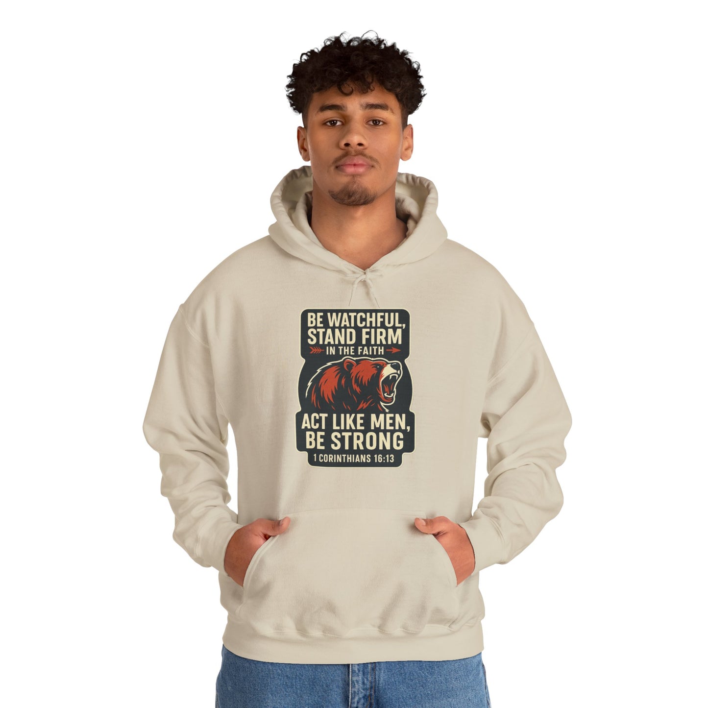 "Stand Firm in Faith" Bear Bible Verse Hoodie Sweatshirt