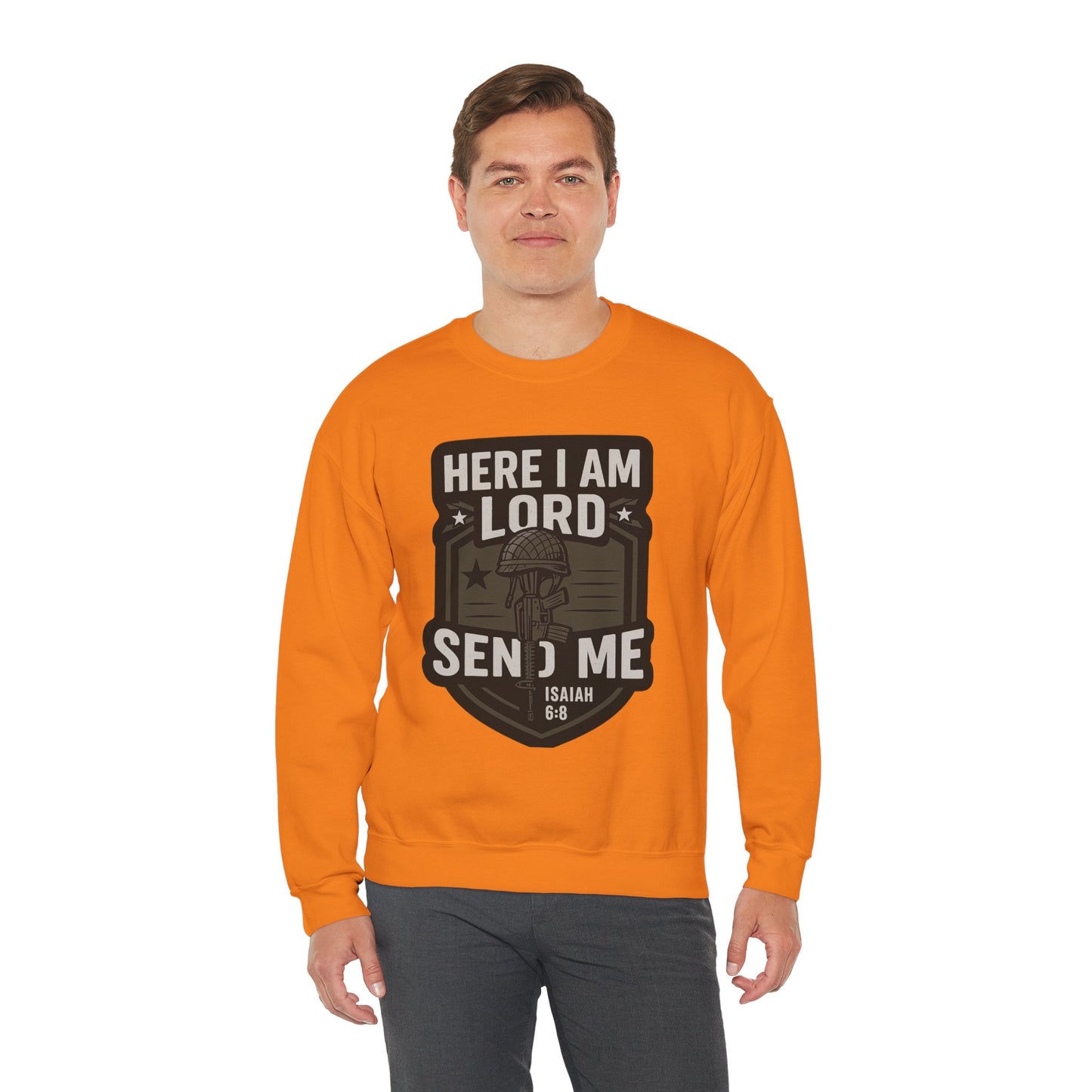 "Here I Am Lord Send Me" Bible Verse Inspirational Faith Sweatshirt (Military Logo)