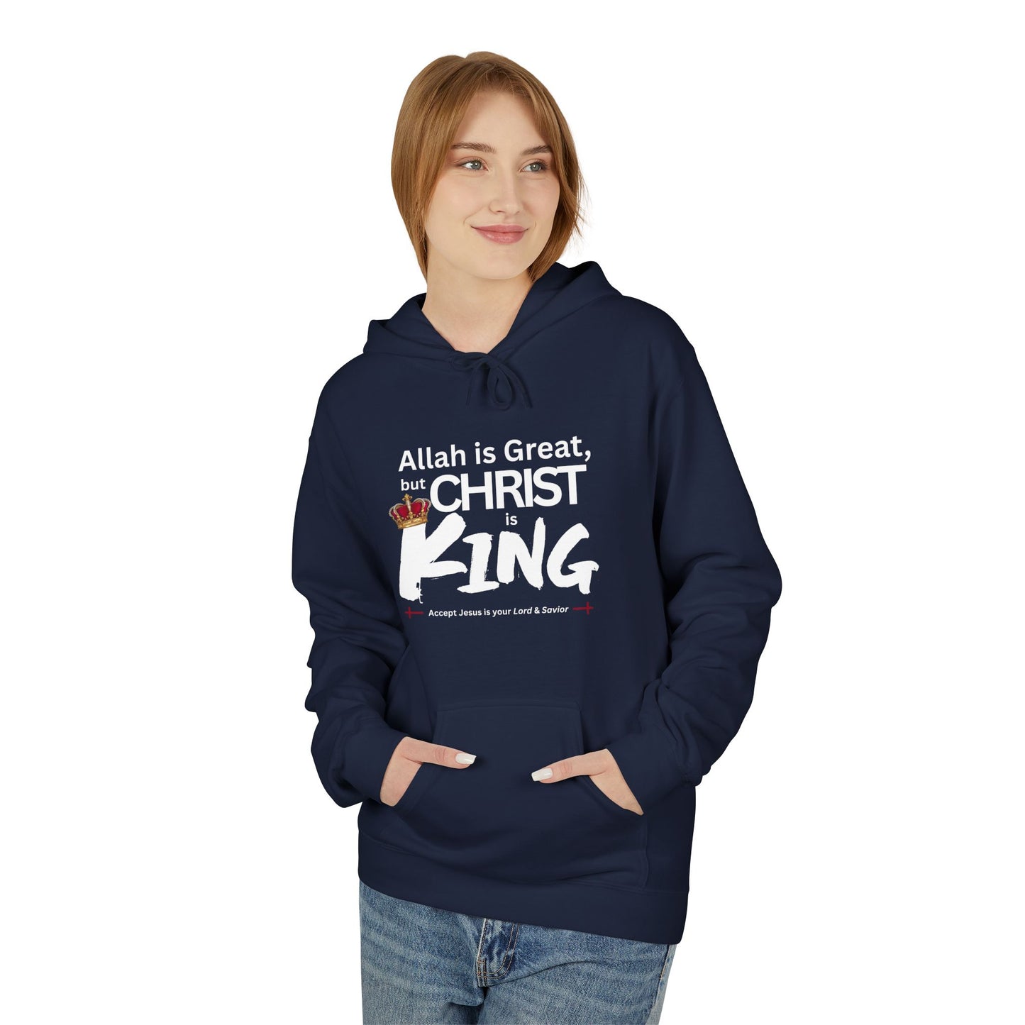 "Christ is King" Cozy Unisex Fleece Hoodie (Great Logo - White) - Sweet Baby Jeez Teez