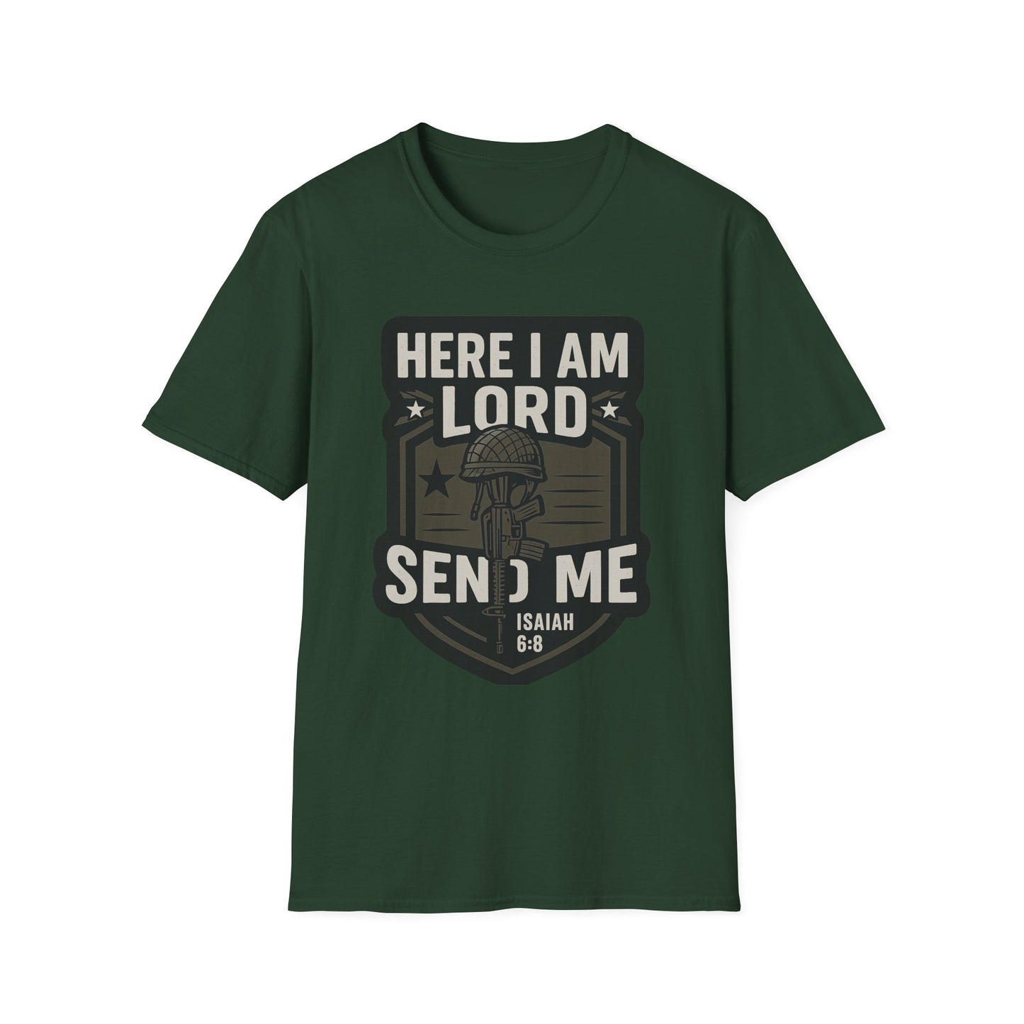 "Here I Am Lord Send Me" Bible Verse Inspirational Faith T-Shirt (Military Logo)