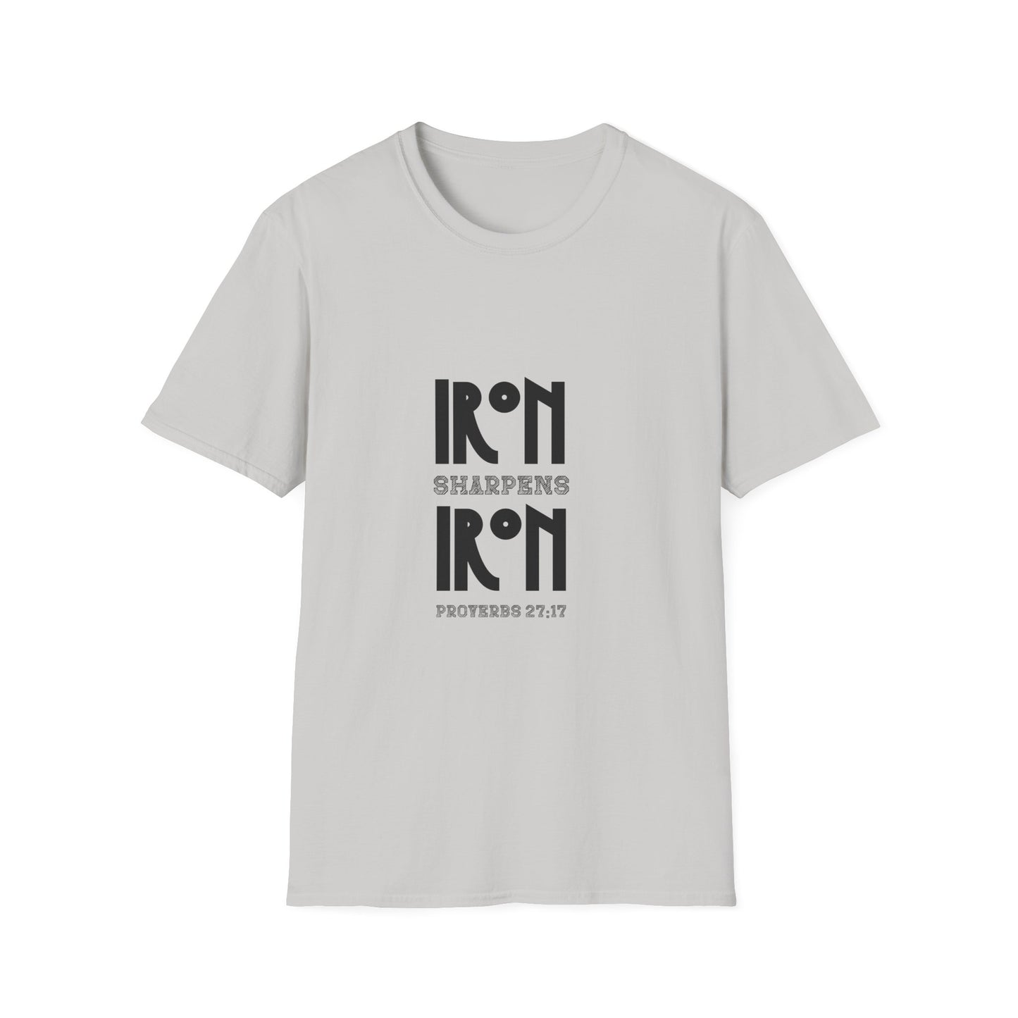 "Iron Sharpens Iron" Bible Verse Christian Inspirational Softstyle Tshirt (Black Logo)