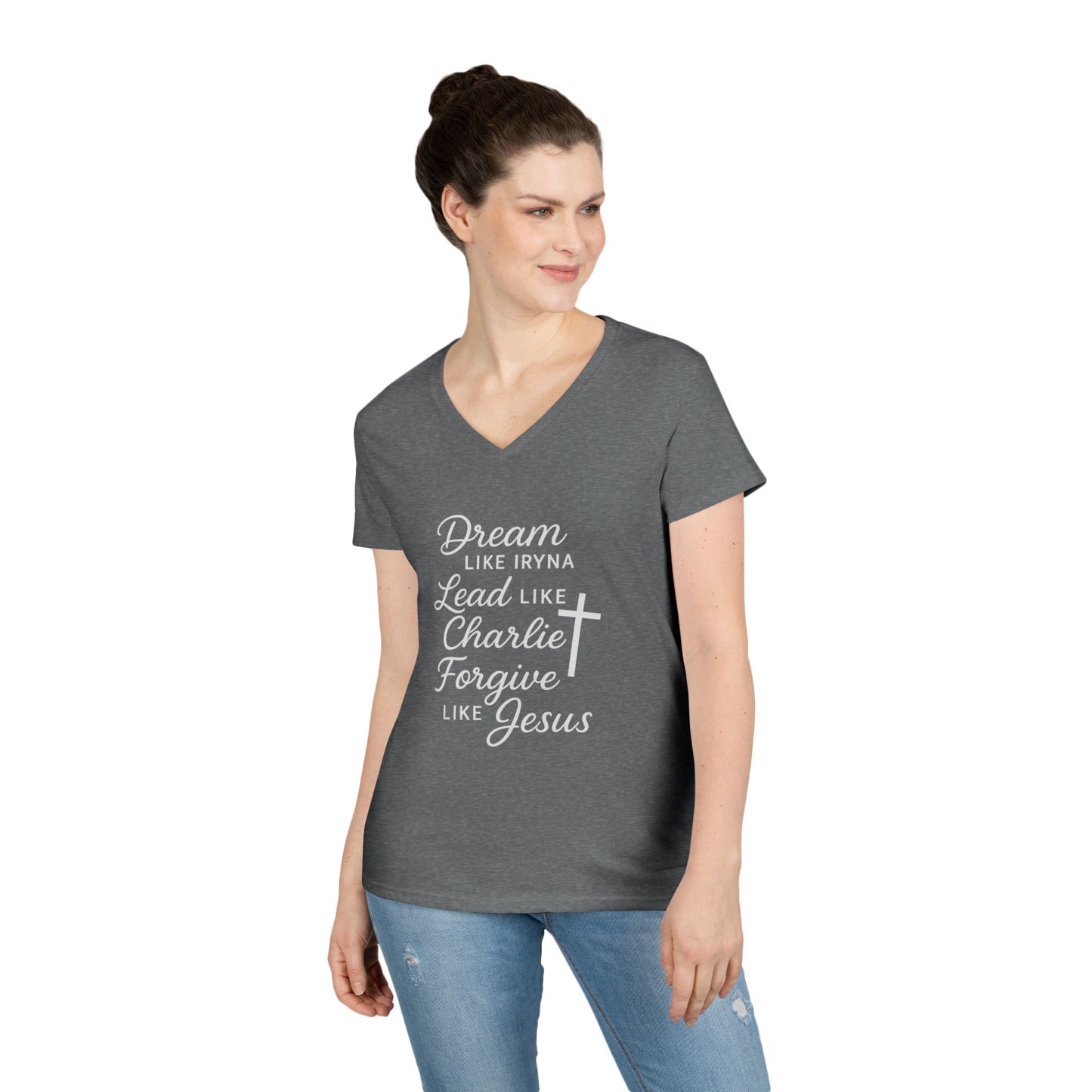 Dream, Lead, Forgive Women's V-neck Semi-fitted Tshirt (White Logo)