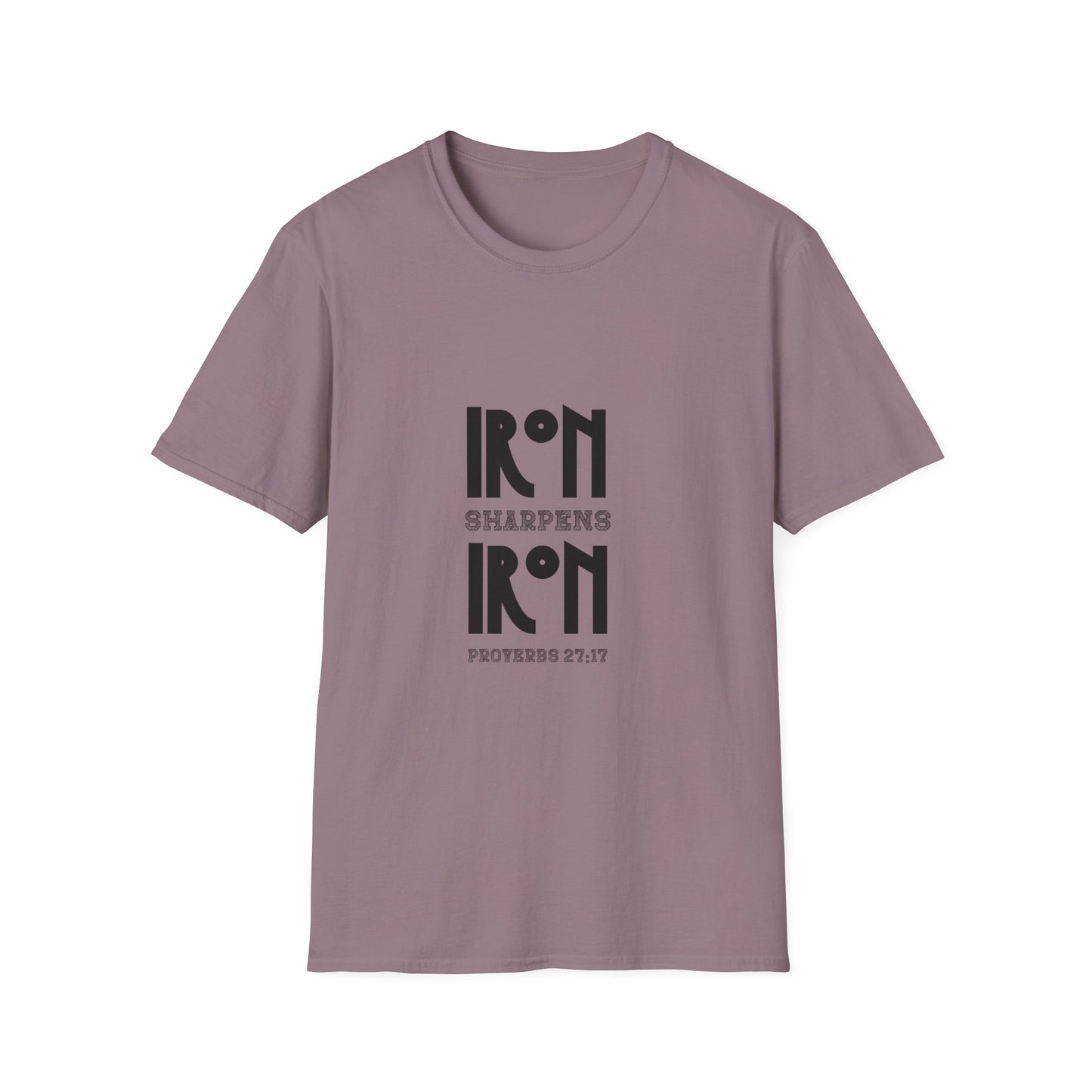 "Iron Sharpens Iron" Bible Verse Christian Inspirational Softstyle Tshirt (Black Logo)