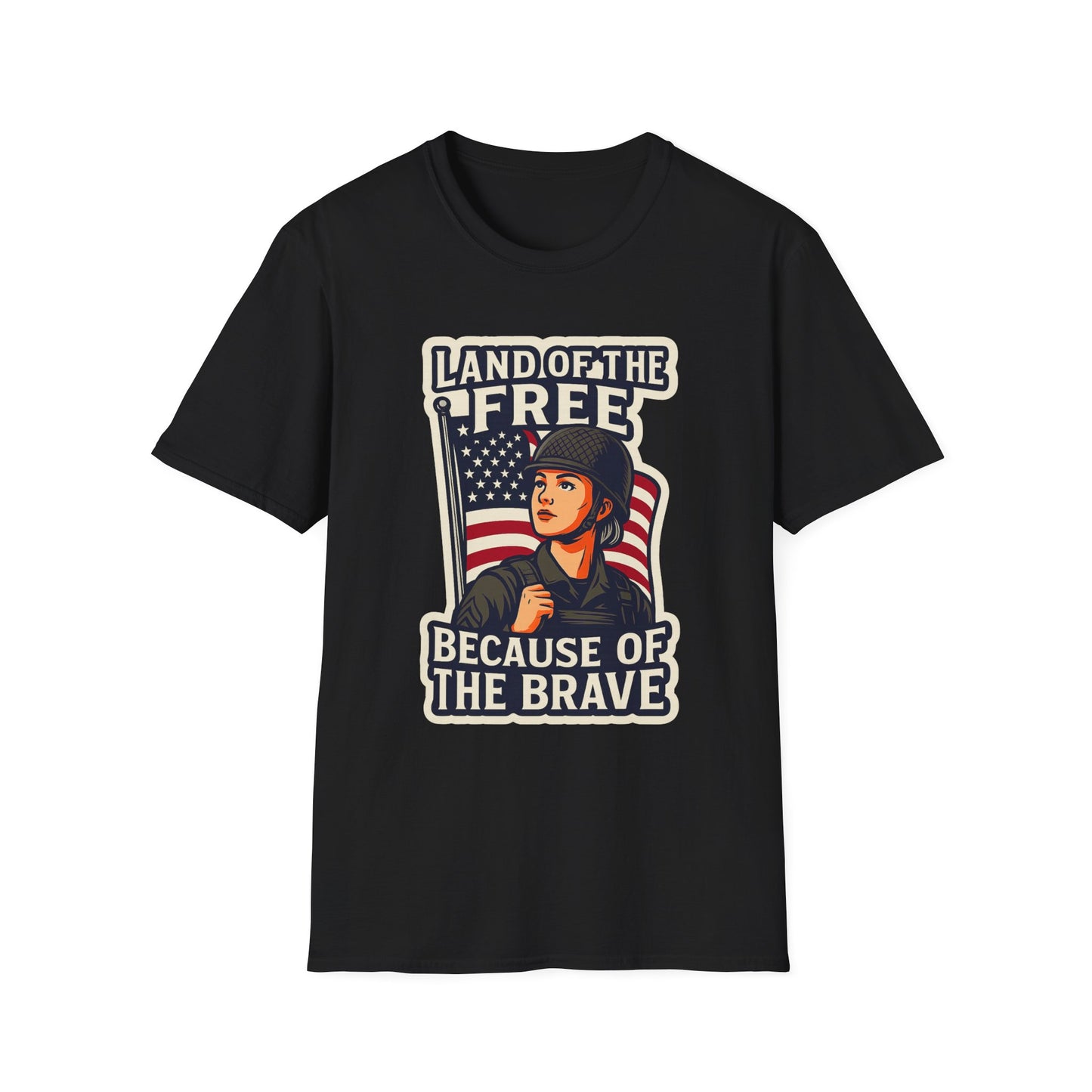 "Land of the Free because of the Brave" Patriotic Softstyle T-Shirt (Female Soldier)