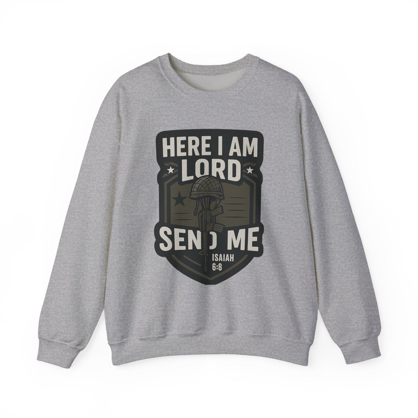 "Here I Am Lord Send Me" Bible Verse Inspirational Faith Sweatshirt (Military Logo)