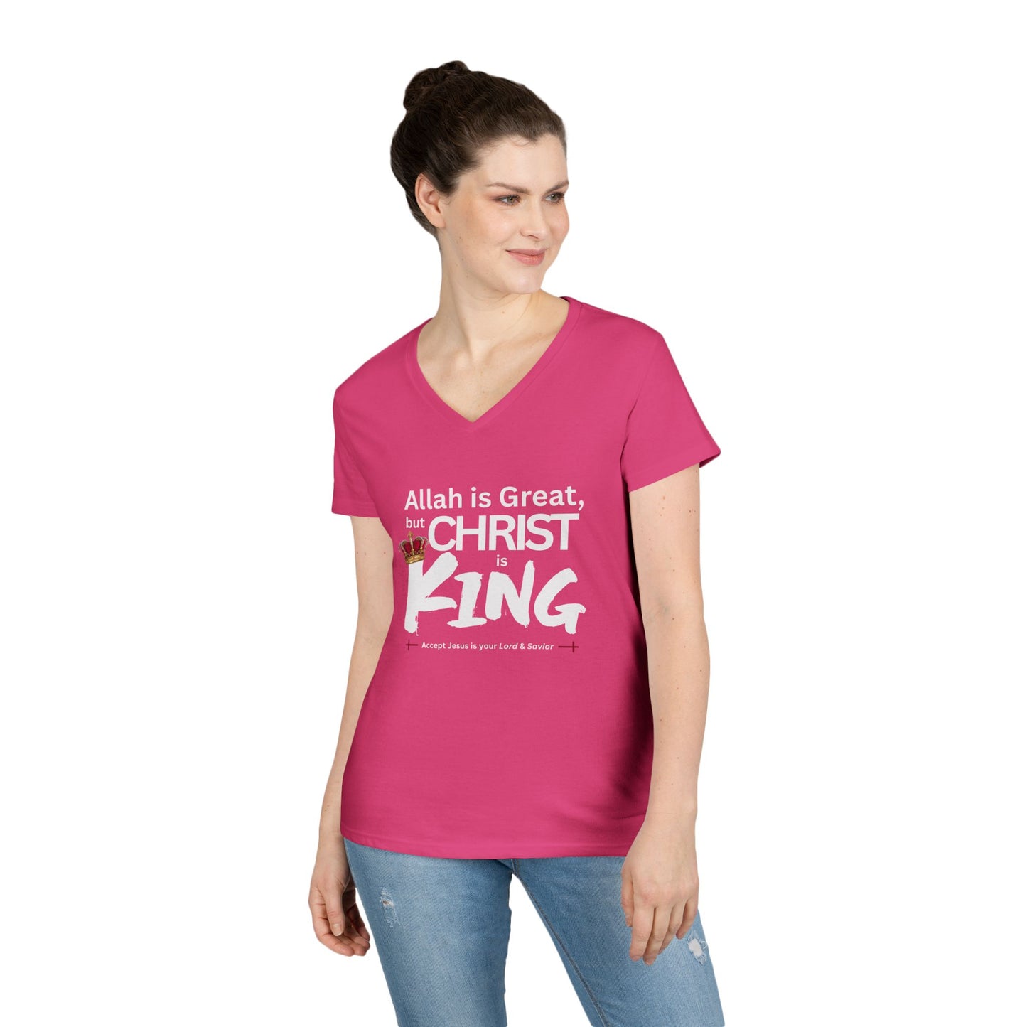 "Christ is King" Women's V-Neck Tshirt (Great Logo - White) - Sweet Baby Jeez Teez