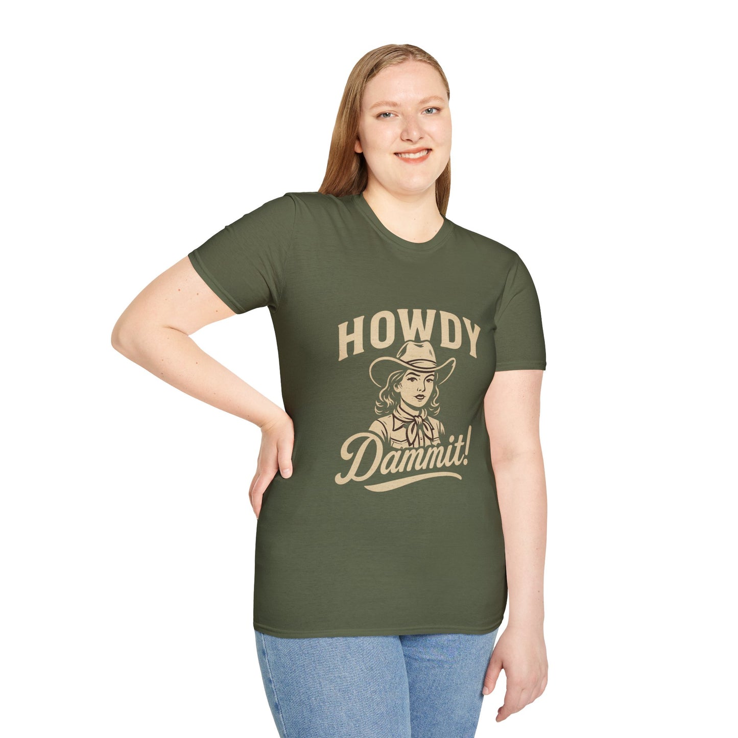 Howdy Dammit! Aggie Texas Cowgirl Softstyle Tshirt (Gold Logo)