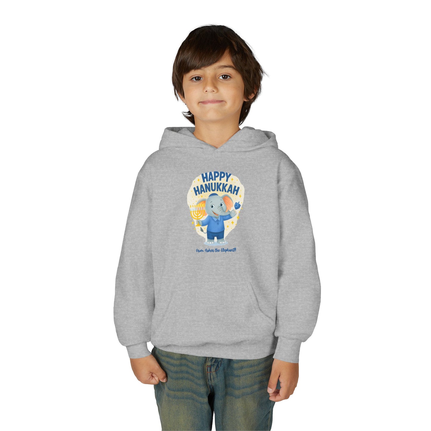 Happy Hanukkah Asher the Elephant Kids Hoodie (Standing Logo)