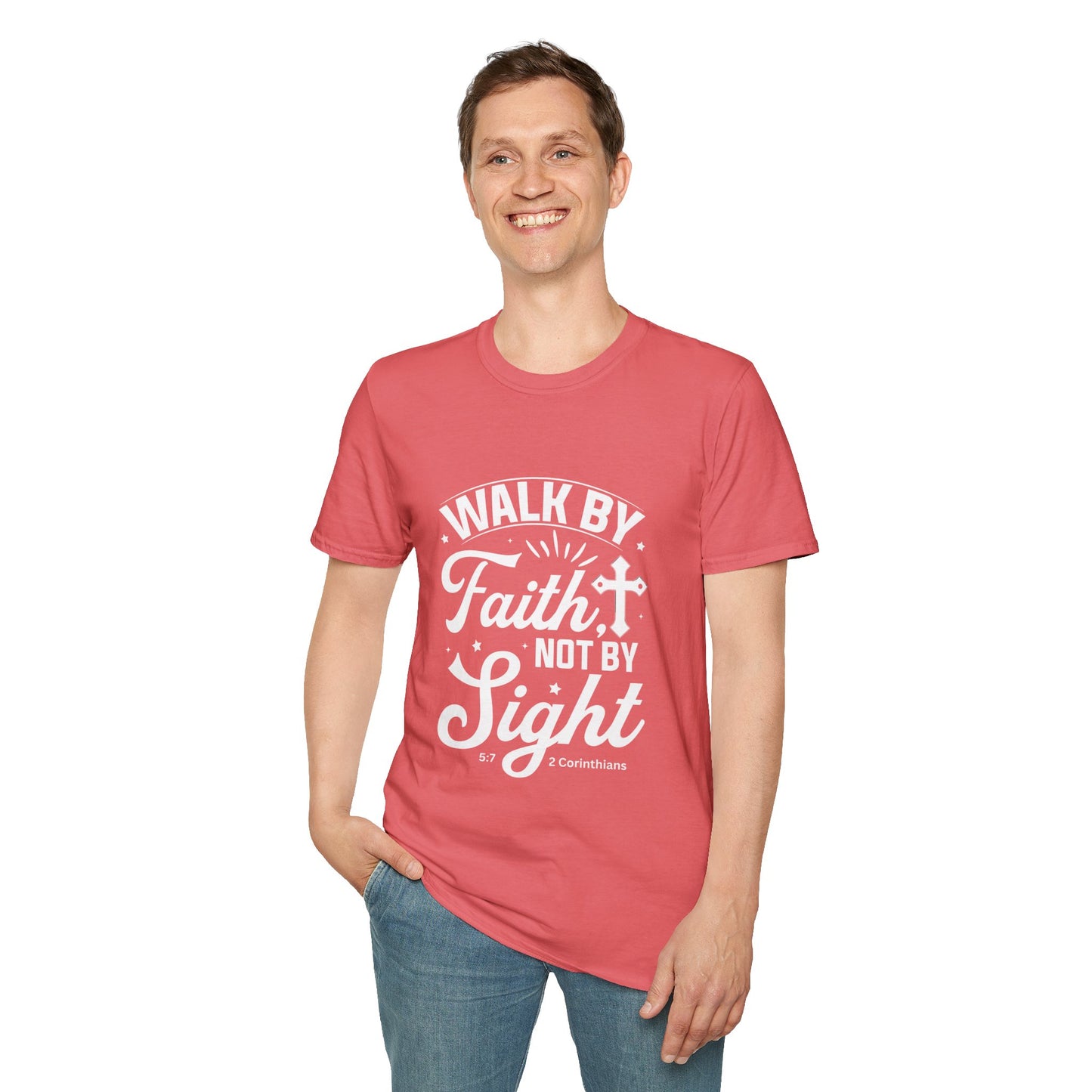 Walk by Faith 2 Corinth. 5:7 Bible Verse Christian Softstyle Tshirt (White Logo)