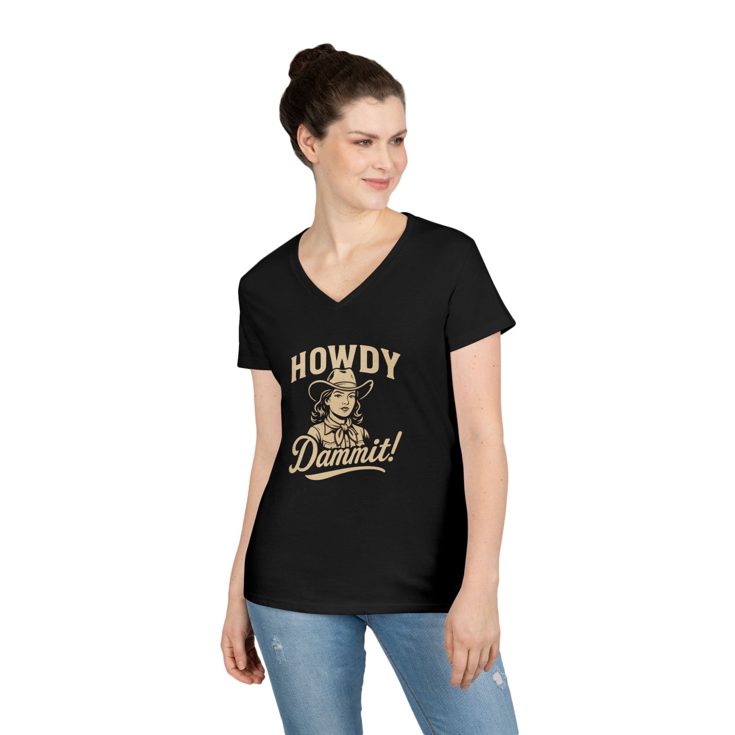 Howdy Dammit! Aggie Texas Cowgirl Ladies V-Neck Tshirt (Gold Logo)