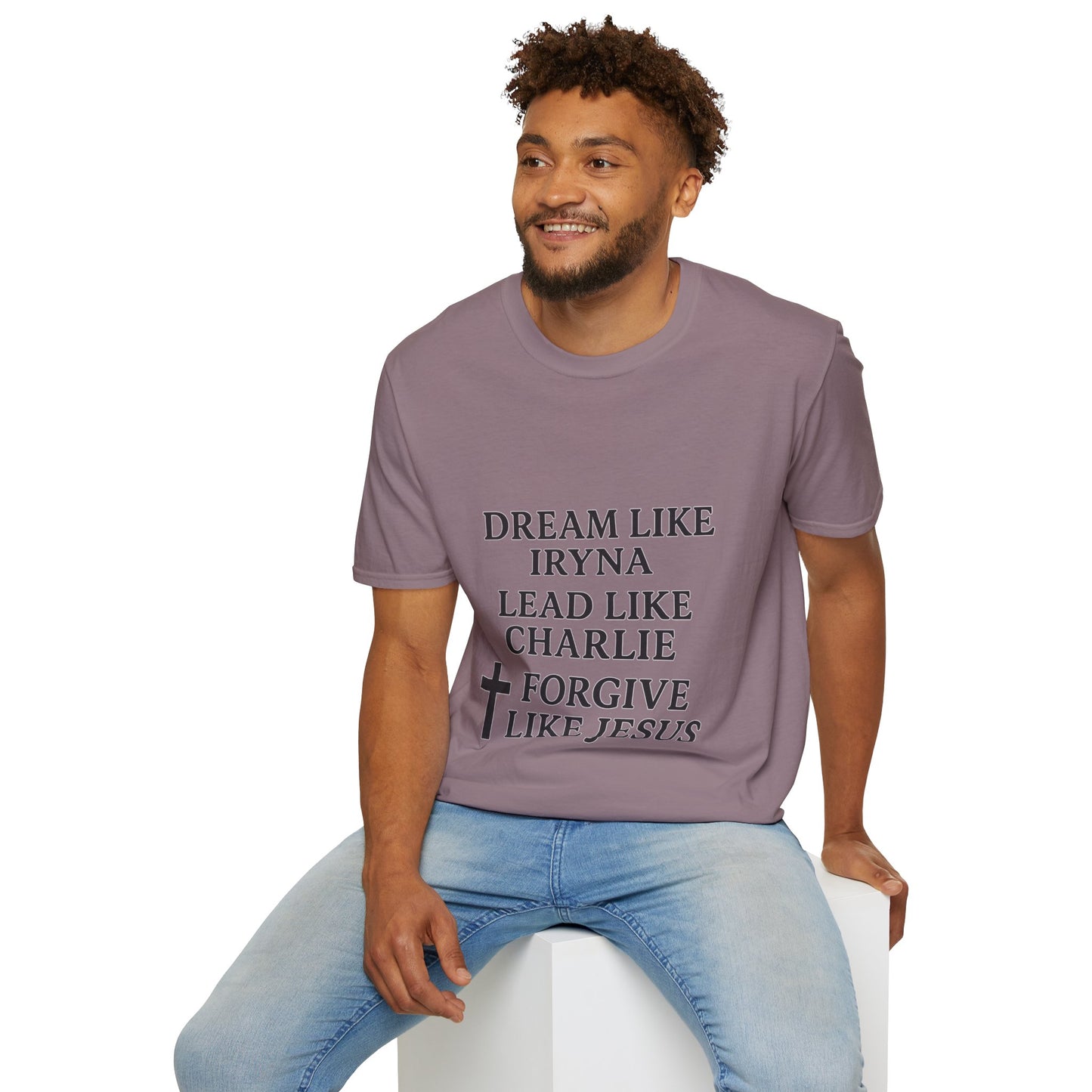 Dream, Lead, Forgive Men's Unisex Softstyle Tshirt (Black Logo)