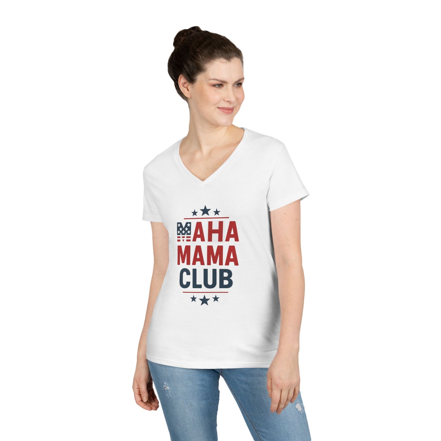 "MAHA MAMA CLUB" Ladies Semi-Fitted V-Neck Tshirt (White) - Sweet Baby Jeez Teez