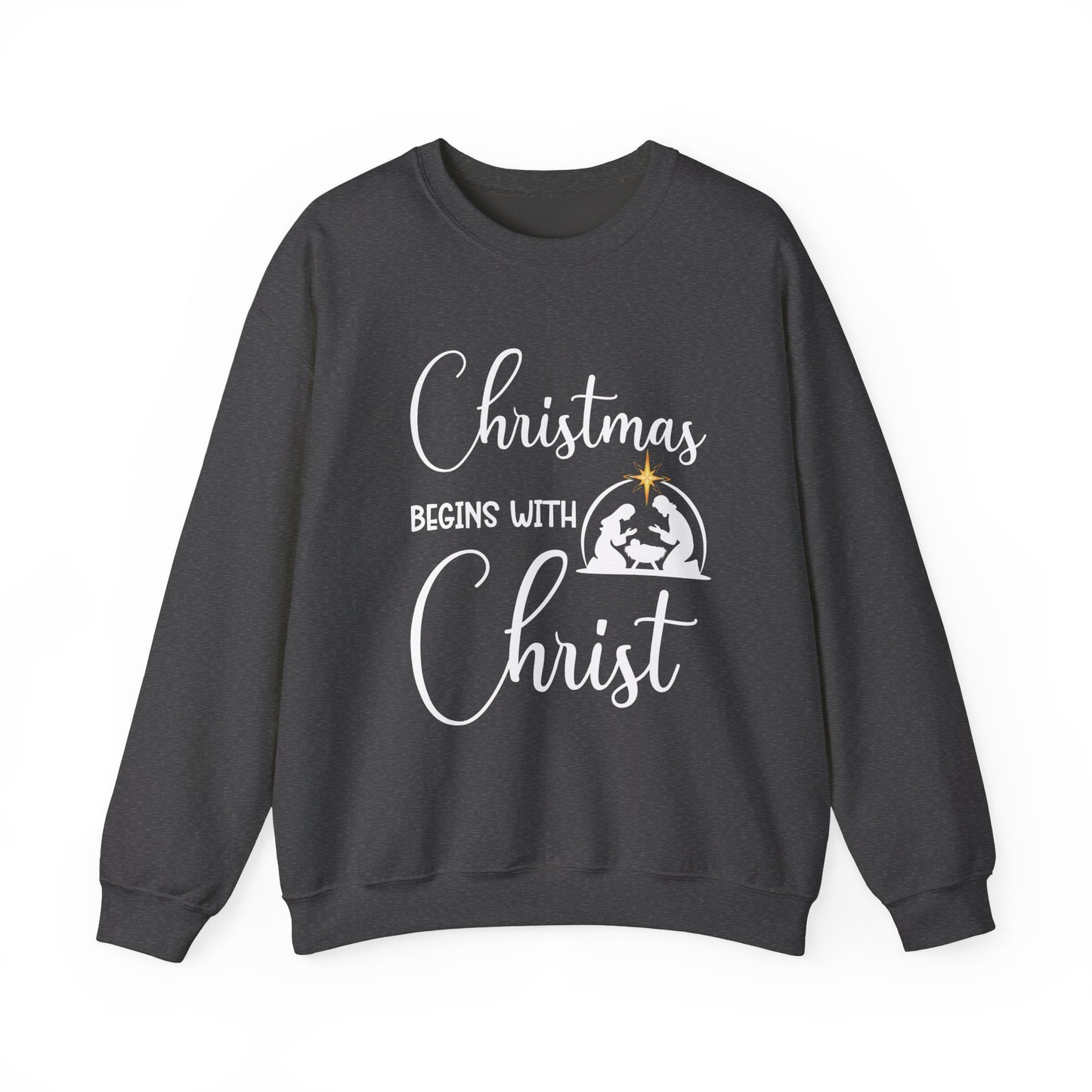 Christmas Begins with Christ Heavy Crewneck Sweatshirt (White/Gold Logo) - Sweet Baby Jeez Teez