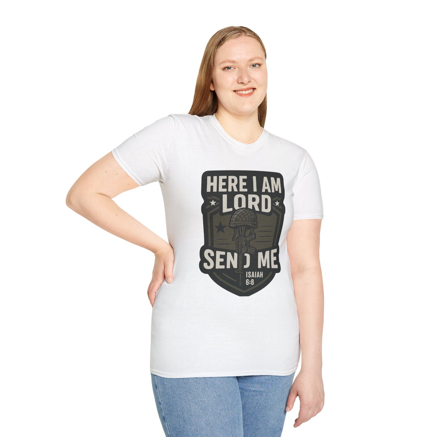 "Here I Am Lord Send Me" Bible Verse Inspirational Faith T-Shirt (Military Logo)