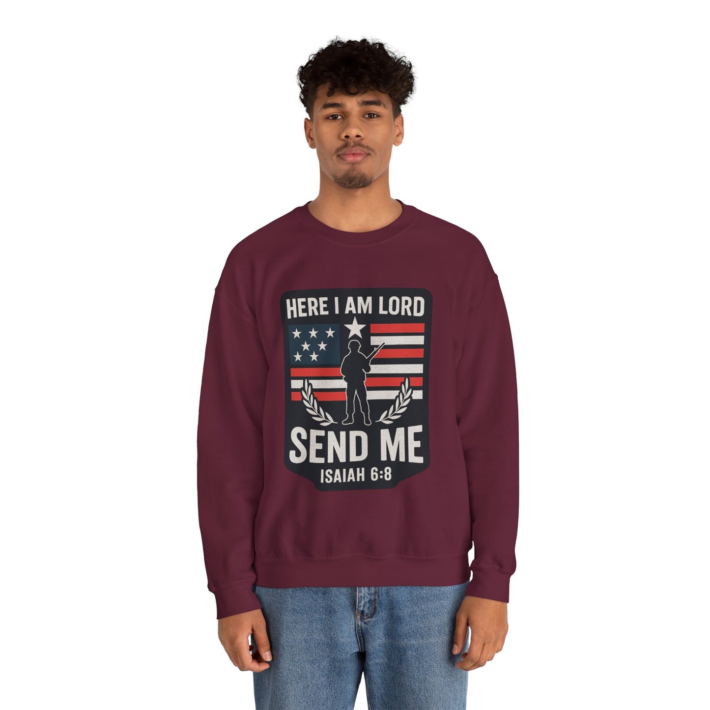 "Here I Am Lord" Isaiah 6:8 Bible Verse Christian Sweatshirt (Soldier Logo)