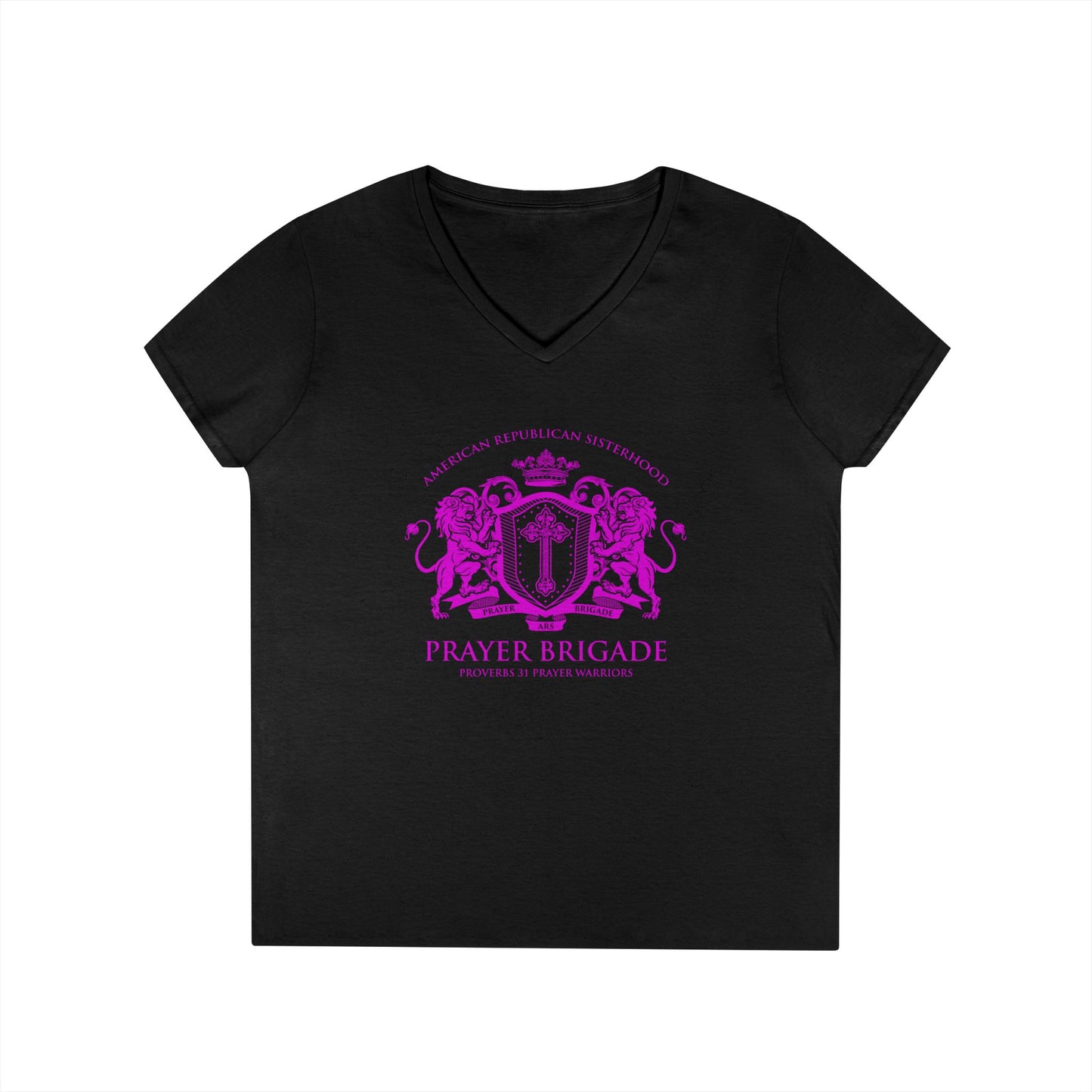 ARS Prayer Brigade Ladies' V-Neck T-Shirt (Dark Gray with Hot Pink Logo)