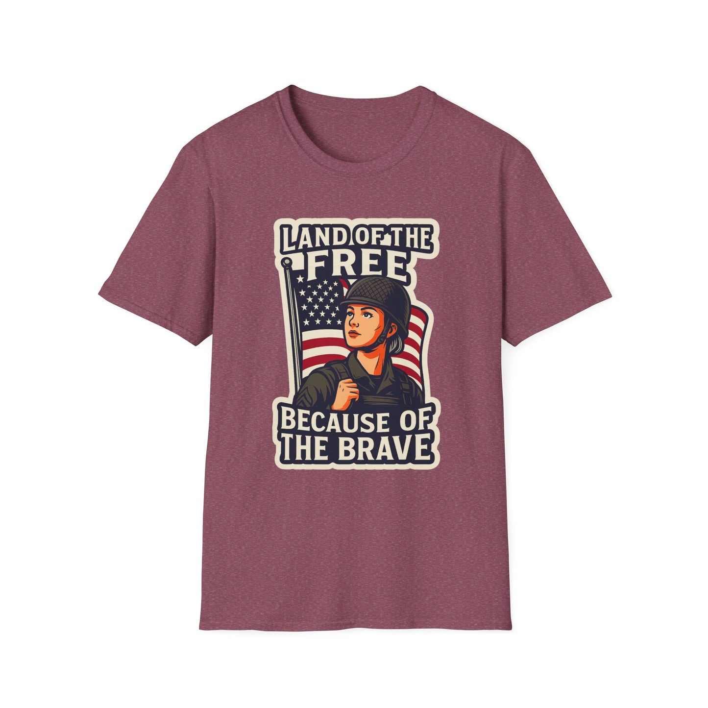 "Land of the Free because of the Brave" Patriotic Softstyle T-Shirt (Female Soldier)